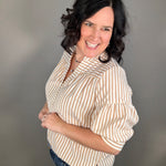 Tan Striped Puff Sleeve Pullover Top Tops- Blouses DOE & RAE