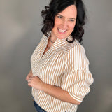 Tan Striped Puff Sleeve Pullover Top Tops- Blouses DOE & RAE