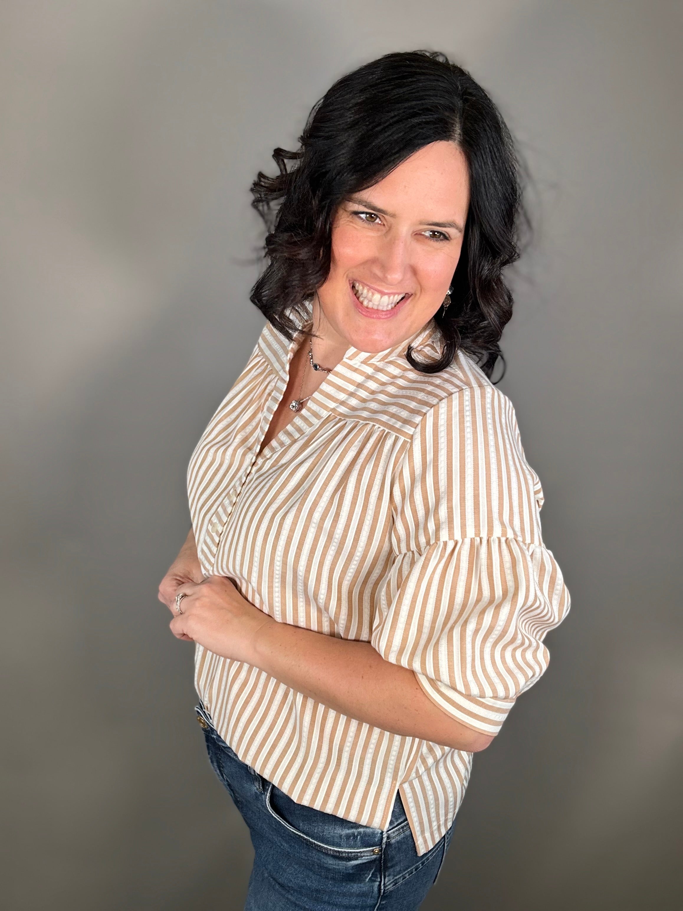 Tan Striped Puff Sleeve Pullover Top Tops- Blouses DOE & RAE
