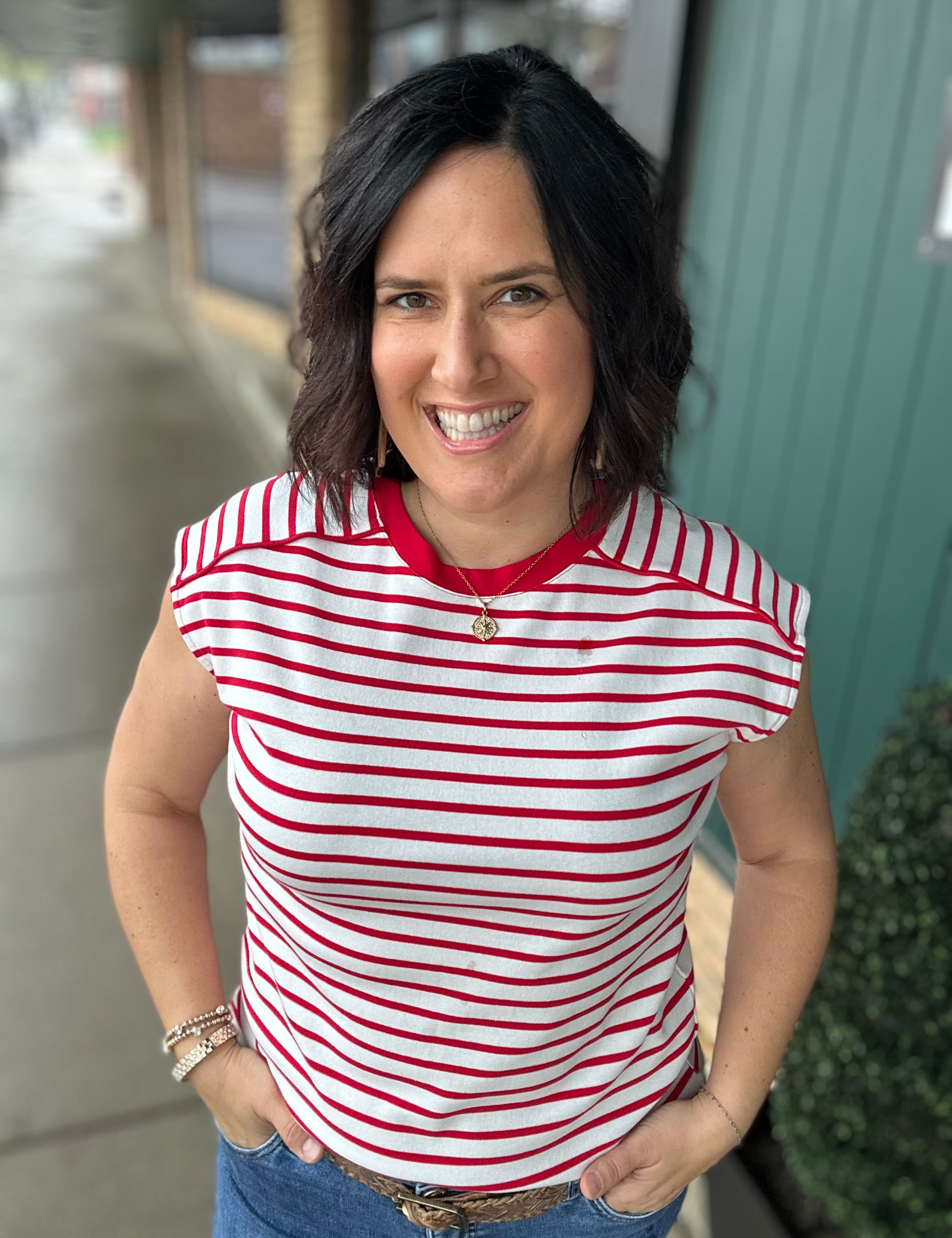 Red/White Striped Top Piping Detail Top - Tee STACCATO