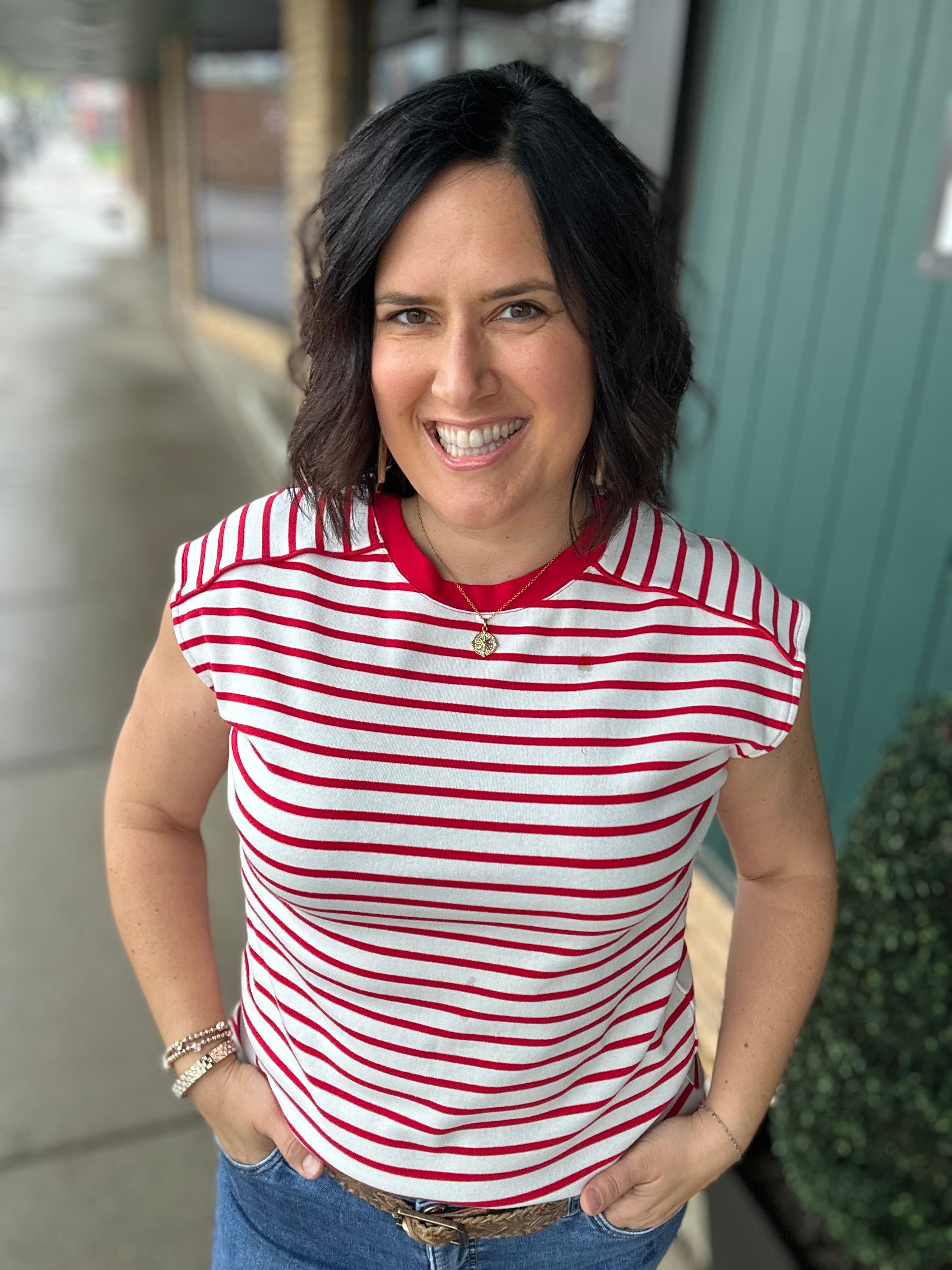 Red/White Striped Top Piping Detail Top - Tee STACCATO