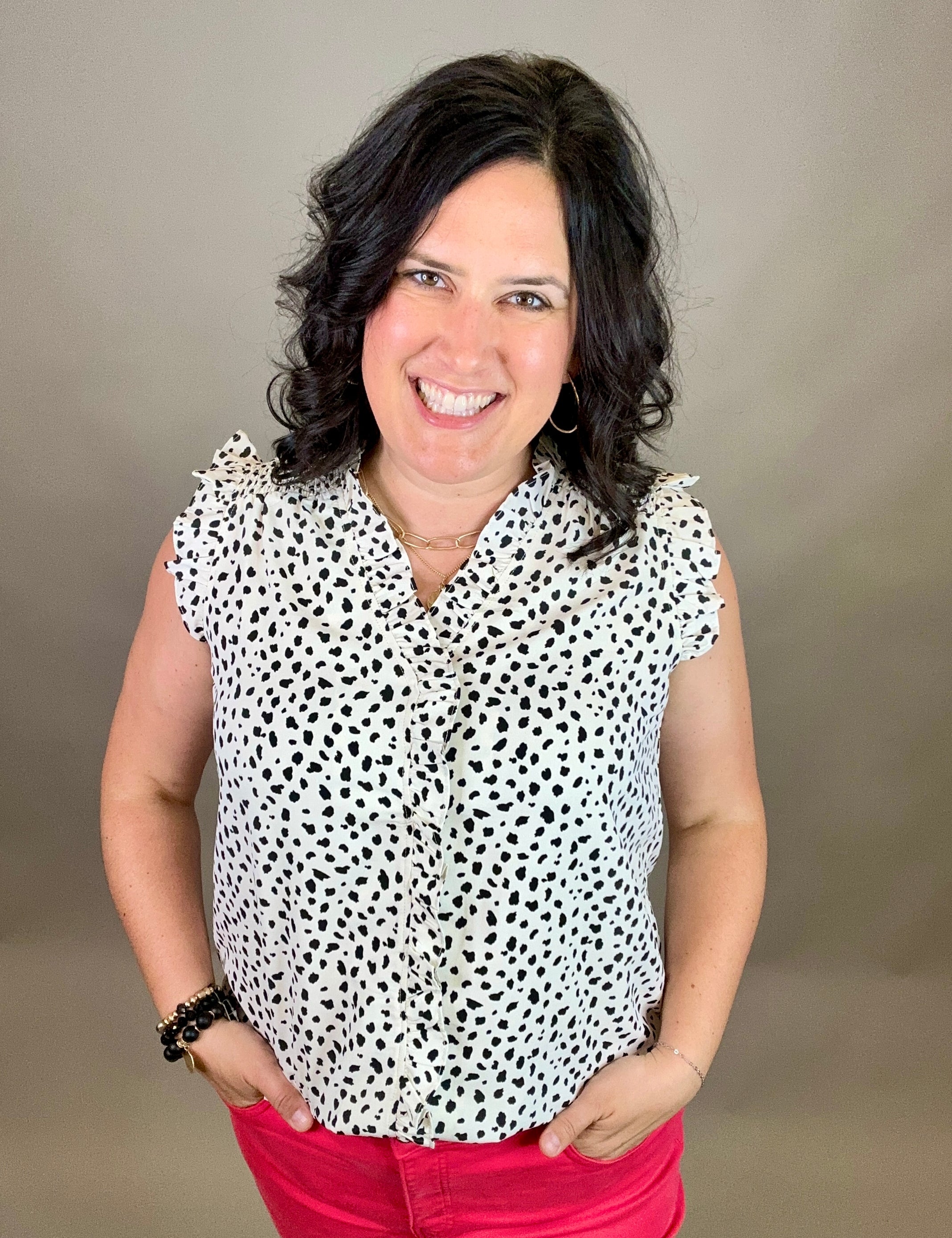 Ivory/Black Smocked Frill Top Tops- Blouses DOE & RAE