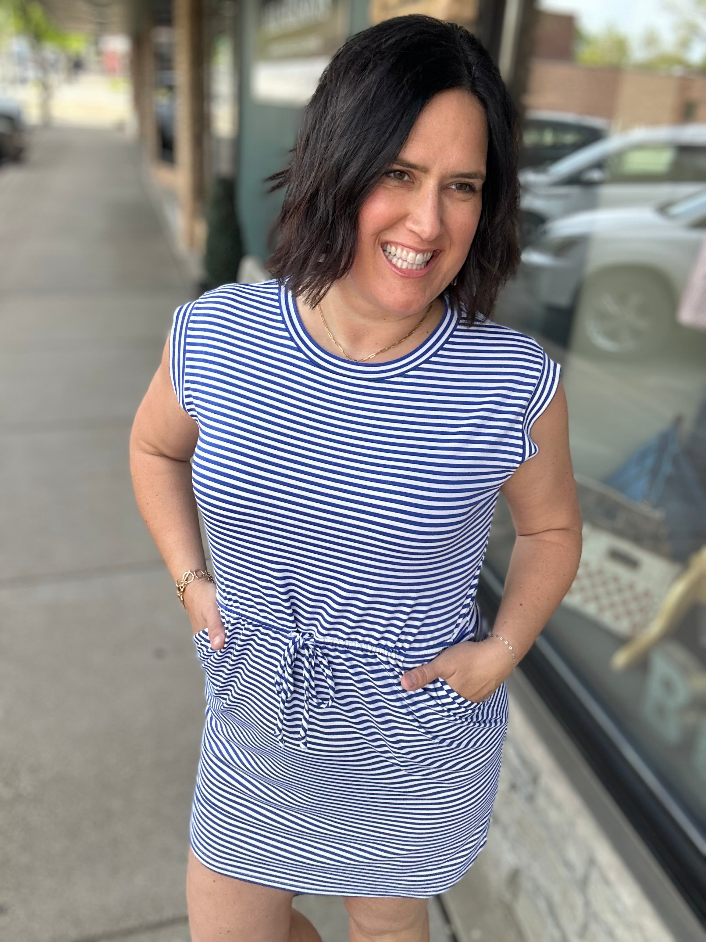 Royal & White Striped Round Neck Dress Dresses STACCATO