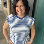 Blue/White Striped Top Piping Detail Top - Tee STACCATO