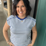 Blue/White Striped Top Piping Detail Top - Tee STACCATO