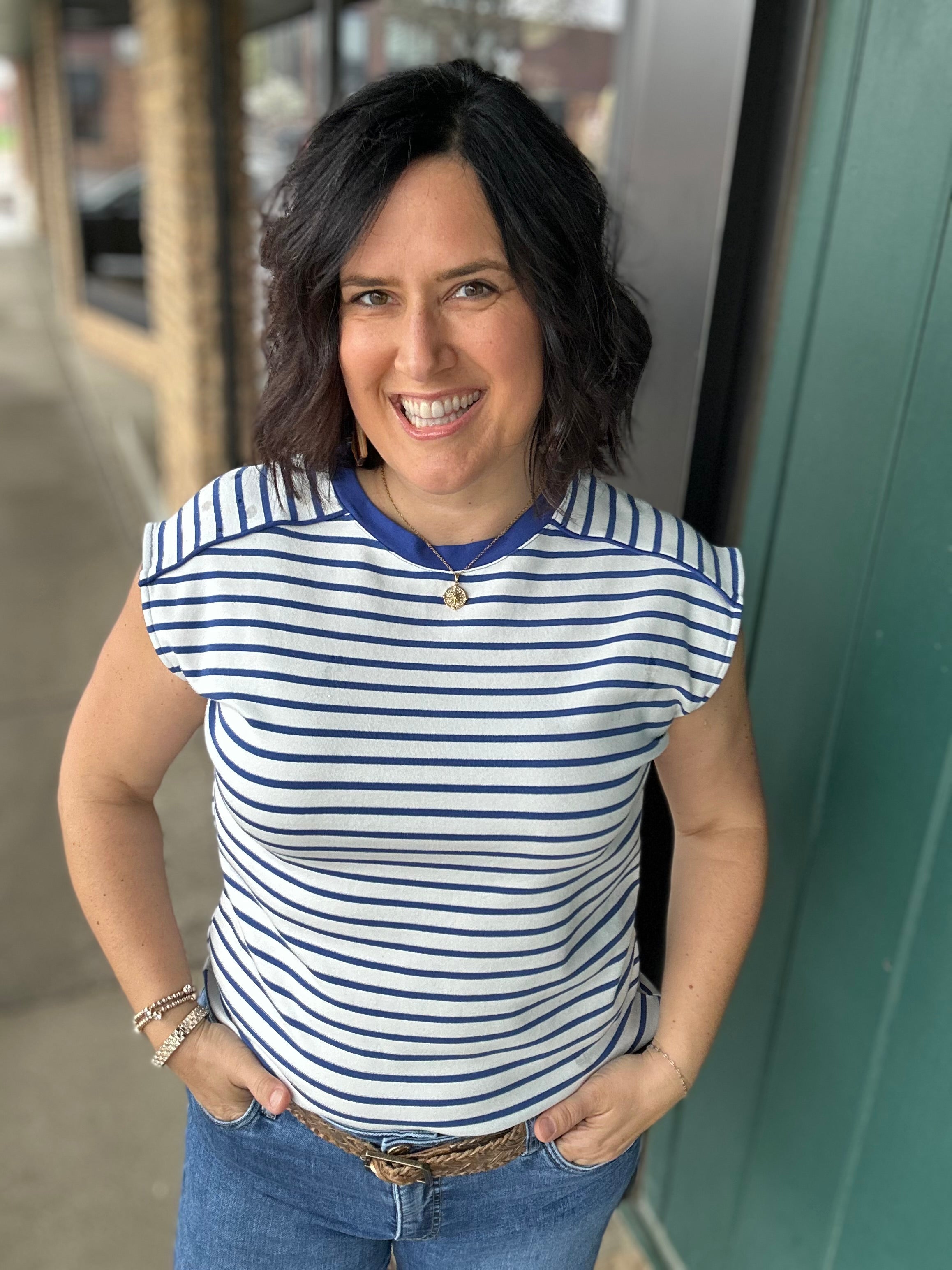Blue/White Striped Top Piping Detail Top - Tee STACCATO