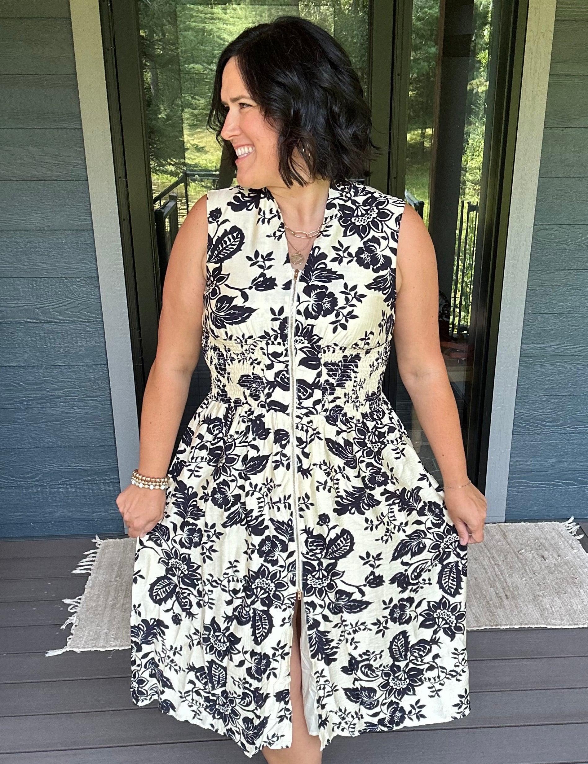 Paisley Print V-Neck Smocked Waist Zip Front Dress Dresses DOE & RAE