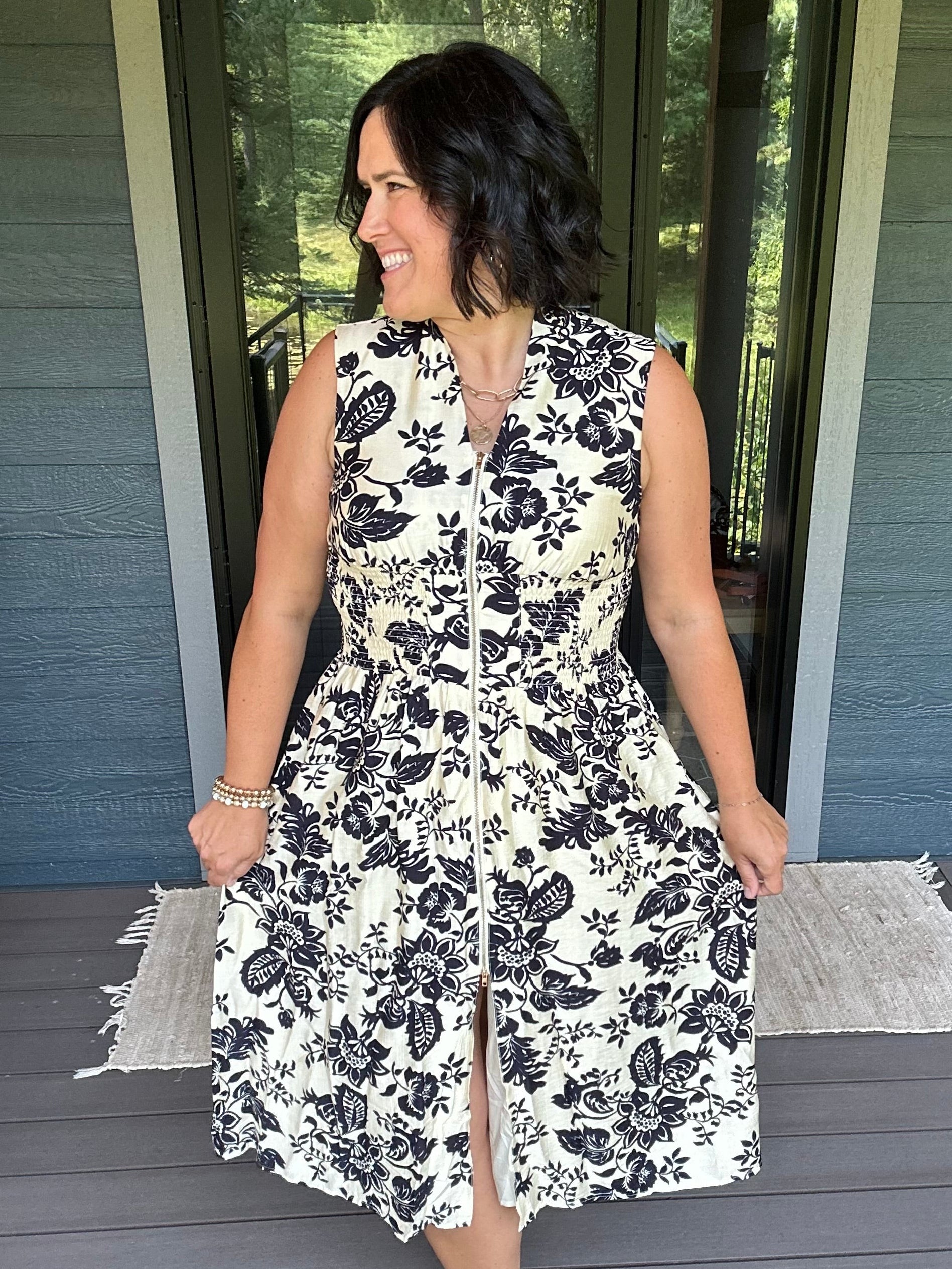 Paisley Print V-Neck Smocked Waist Zip Front Dress Dresses DOE & RAE