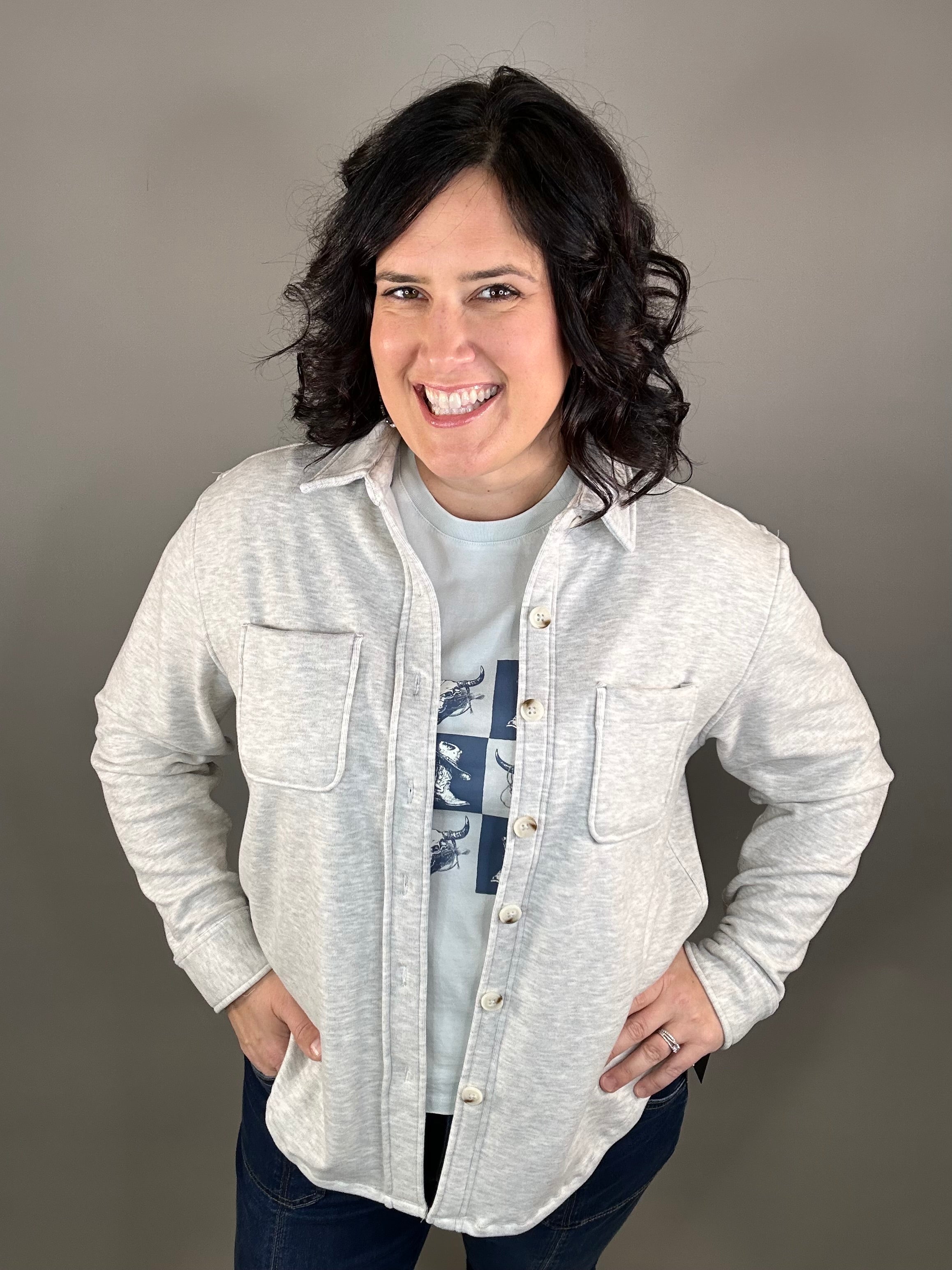 Heather Grey Plush Shacket Outerwear - Shacket FLAG AND ANTHEM