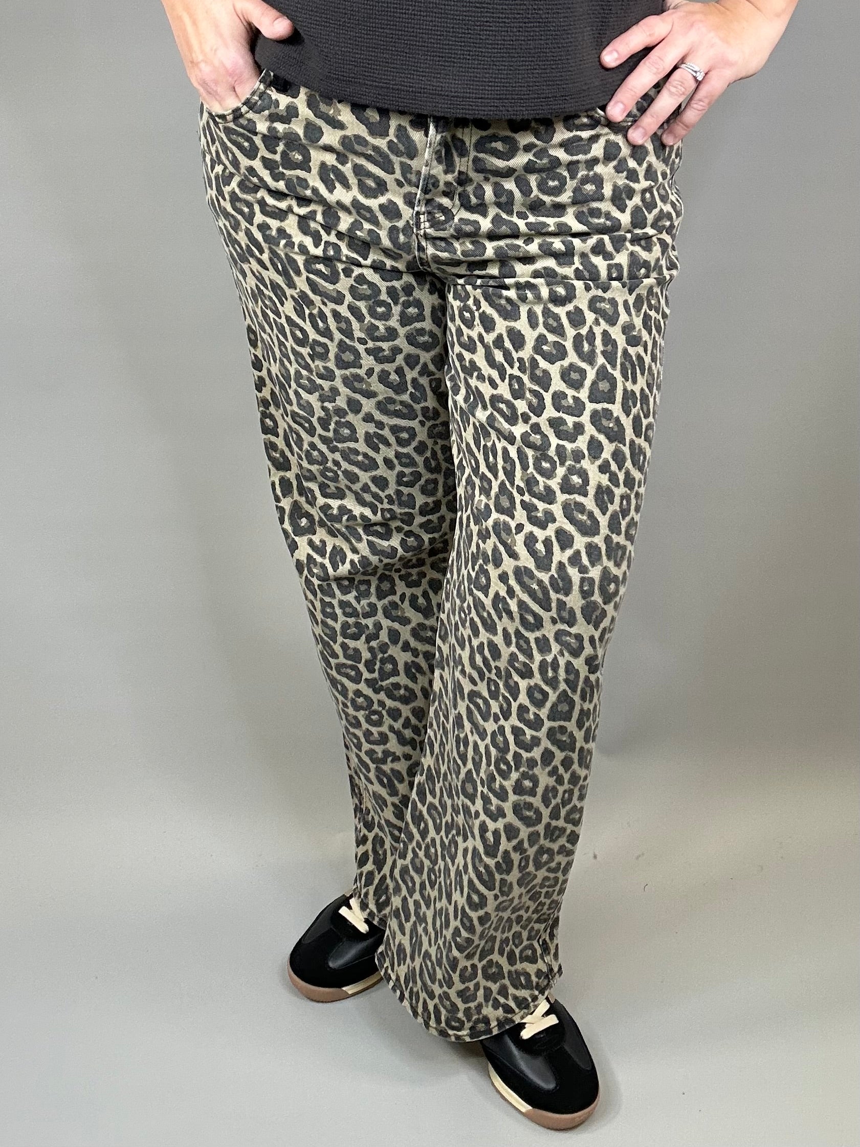 Coffee Leopard Wide Leg Jeans Bottom- Pants RISEN