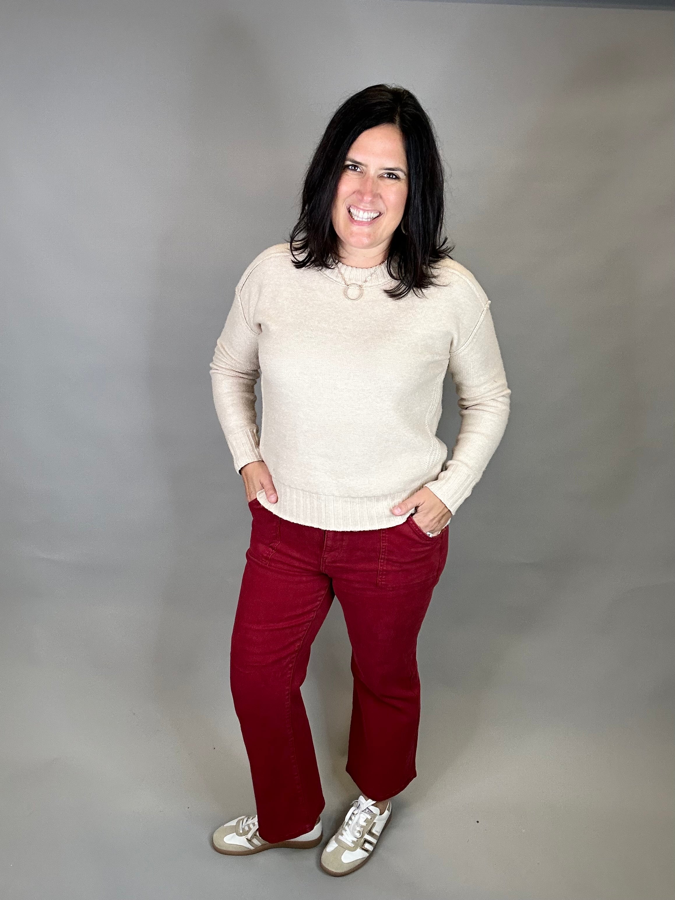 Wine Ankle Flare Patch Pocket Jeans Bottom- Pants RISEN