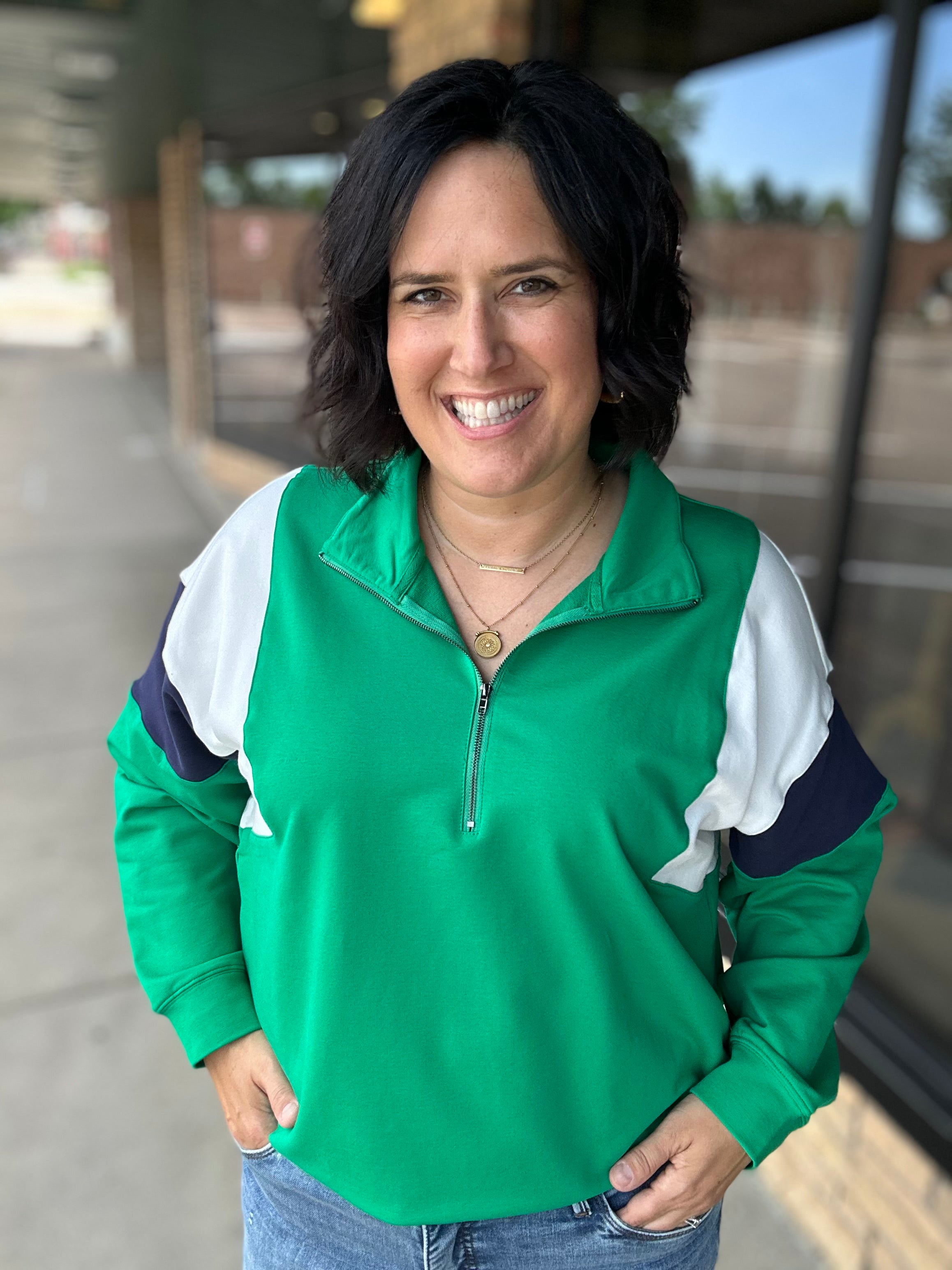 Green & Navy Combo Half Zip Oversized Sweatshirt Top - Sweatshirt WISHLIST