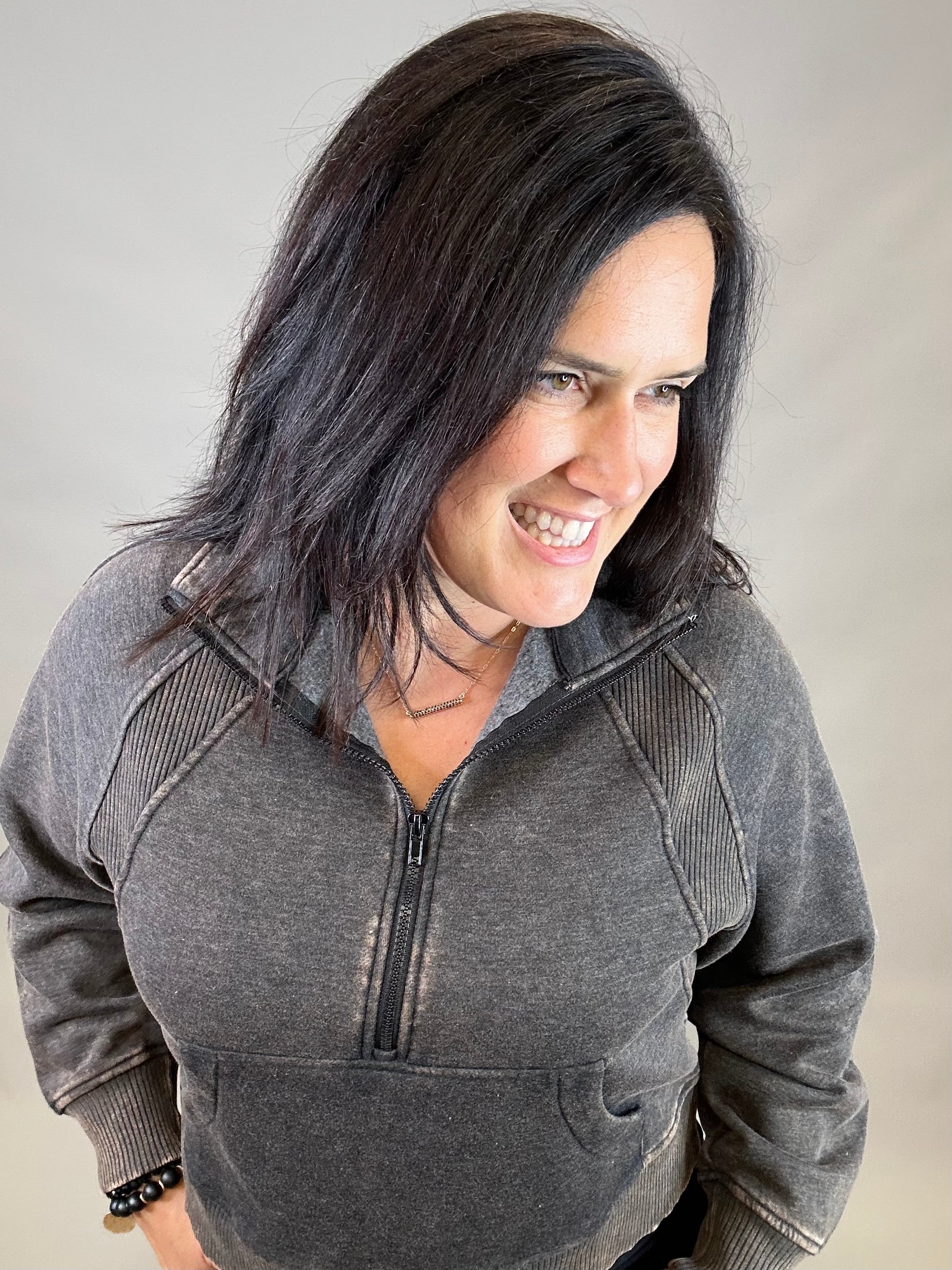 Ash Black Half Zip Pullover Top - Sweatshirt ZENANA
