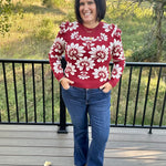 Burgundy Ivory Large Floral Puff Sleeve Knit Sweater Top - Sweater VOY
