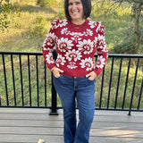 Burgundy Ivory Large Floral Puff Sleeve Knit Sweater Top - Sweater VOY