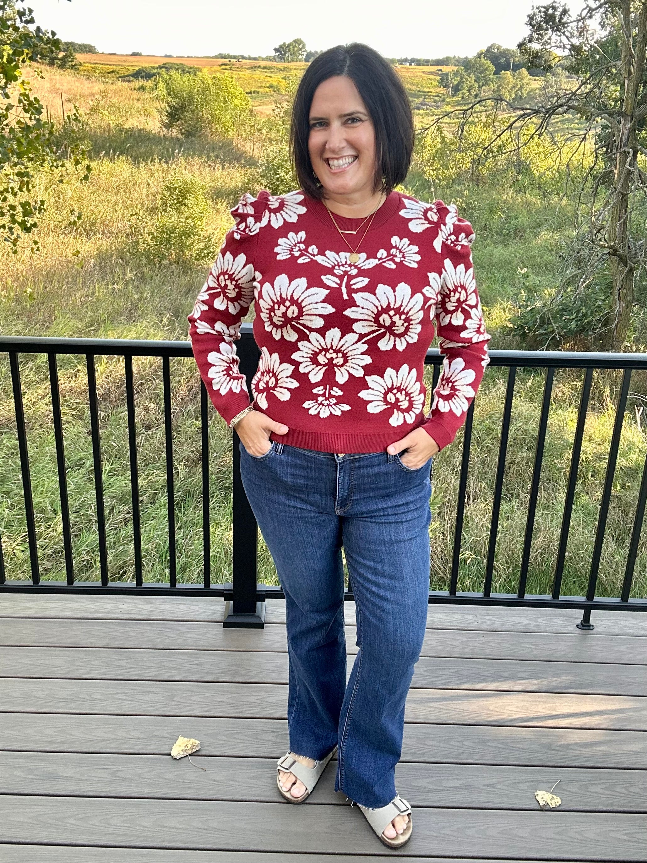 Burgundy Ivory Large Floral Puff Sleeve Knit Sweater Top - Sweater VOY