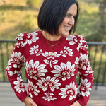 Burgundy Ivory Large Floral Puff Sleeve Knit Sweater Top - Sweater VOY