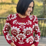 Burgundy Ivory Large Floral Puff Sleeve Knit Sweater Top - Sweater VOY