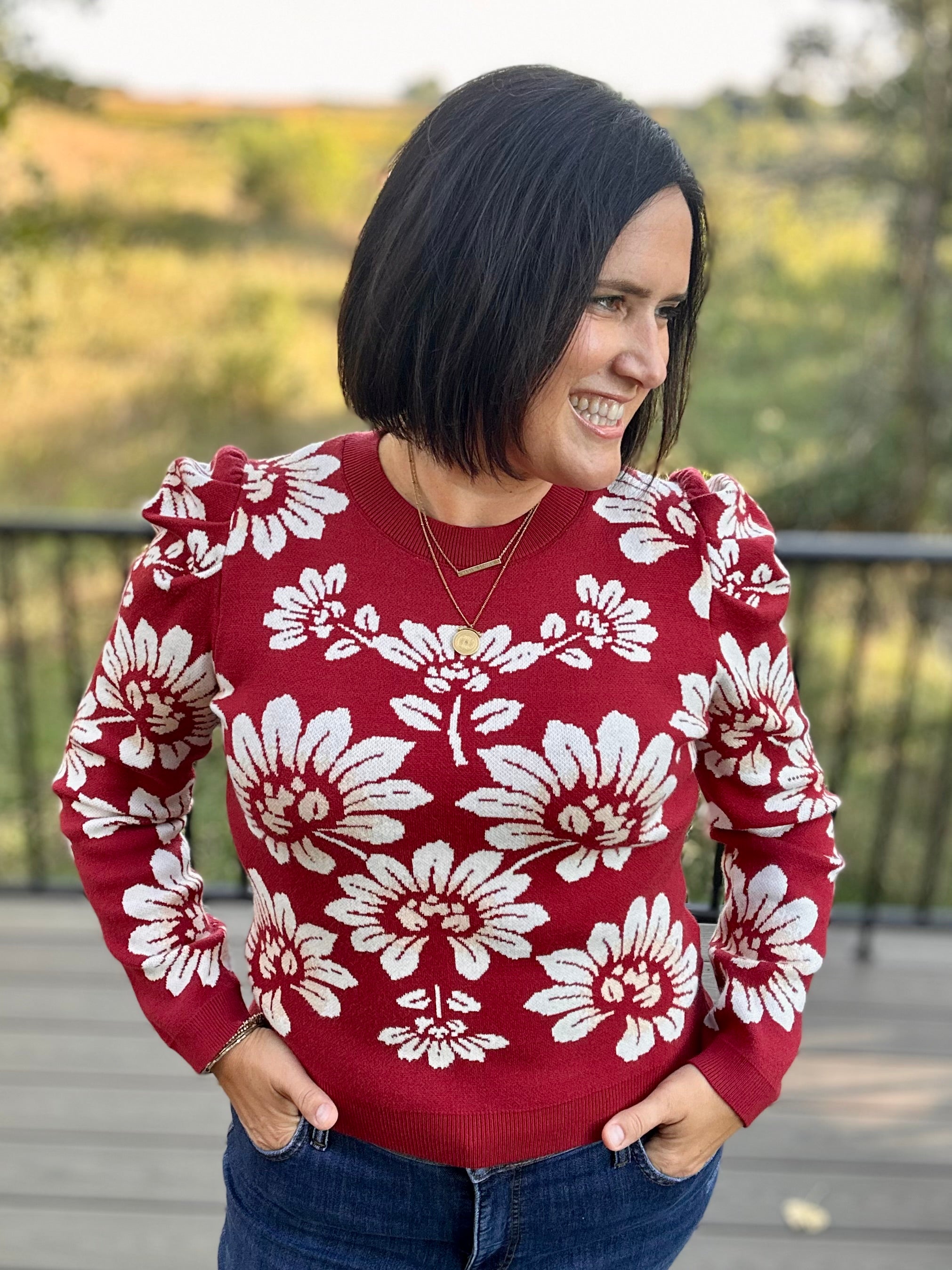 Burgundy Ivory Large Floral Puff Sleeve Knit Sweater Top - Sweater VOY