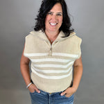 Beige Striped Half Zip Sweater Top Top - Sweater DOE & RAE