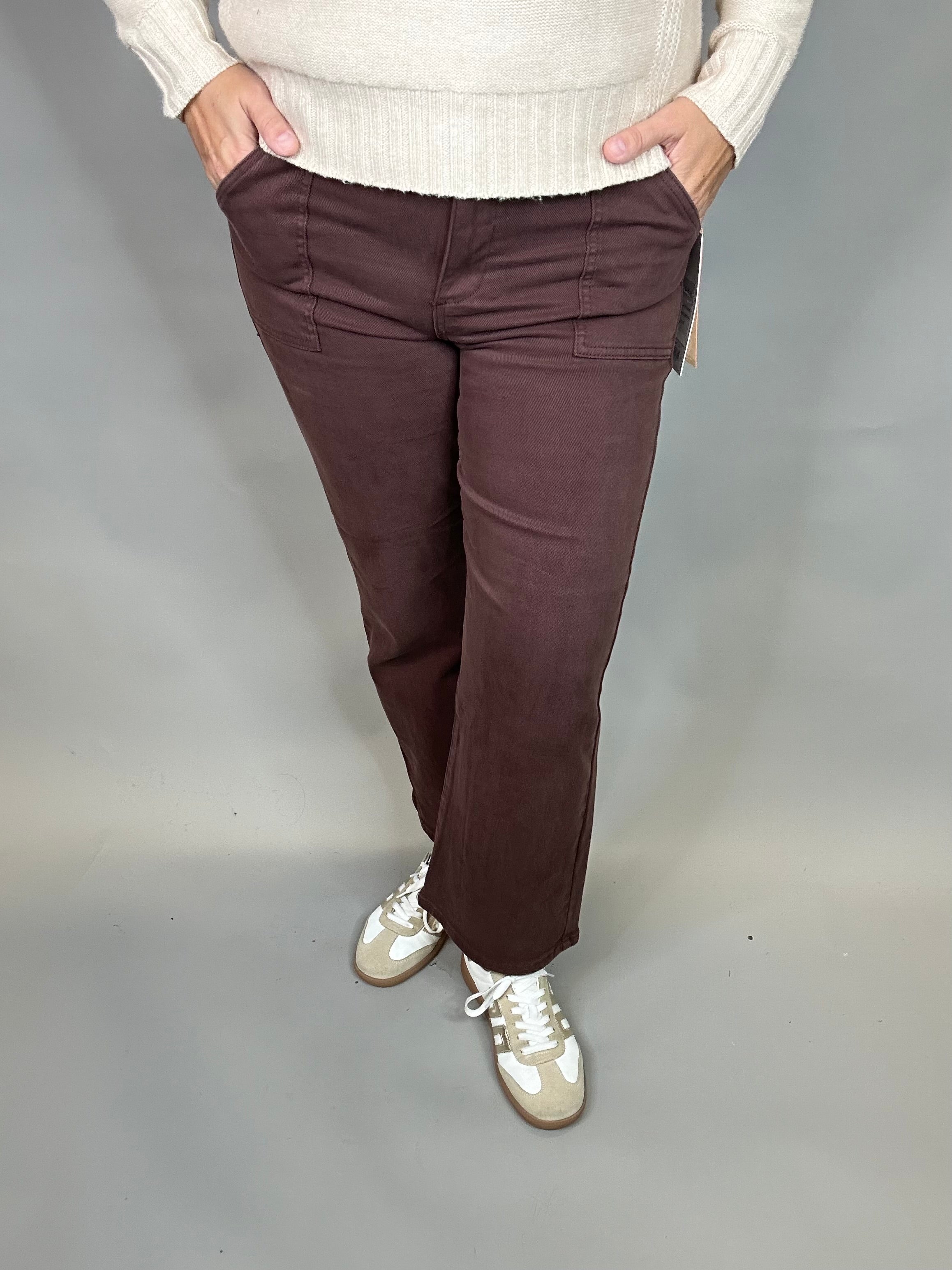 Brown Ankle Flare Patch Pocket Jeans Bottom- Pants RISEN