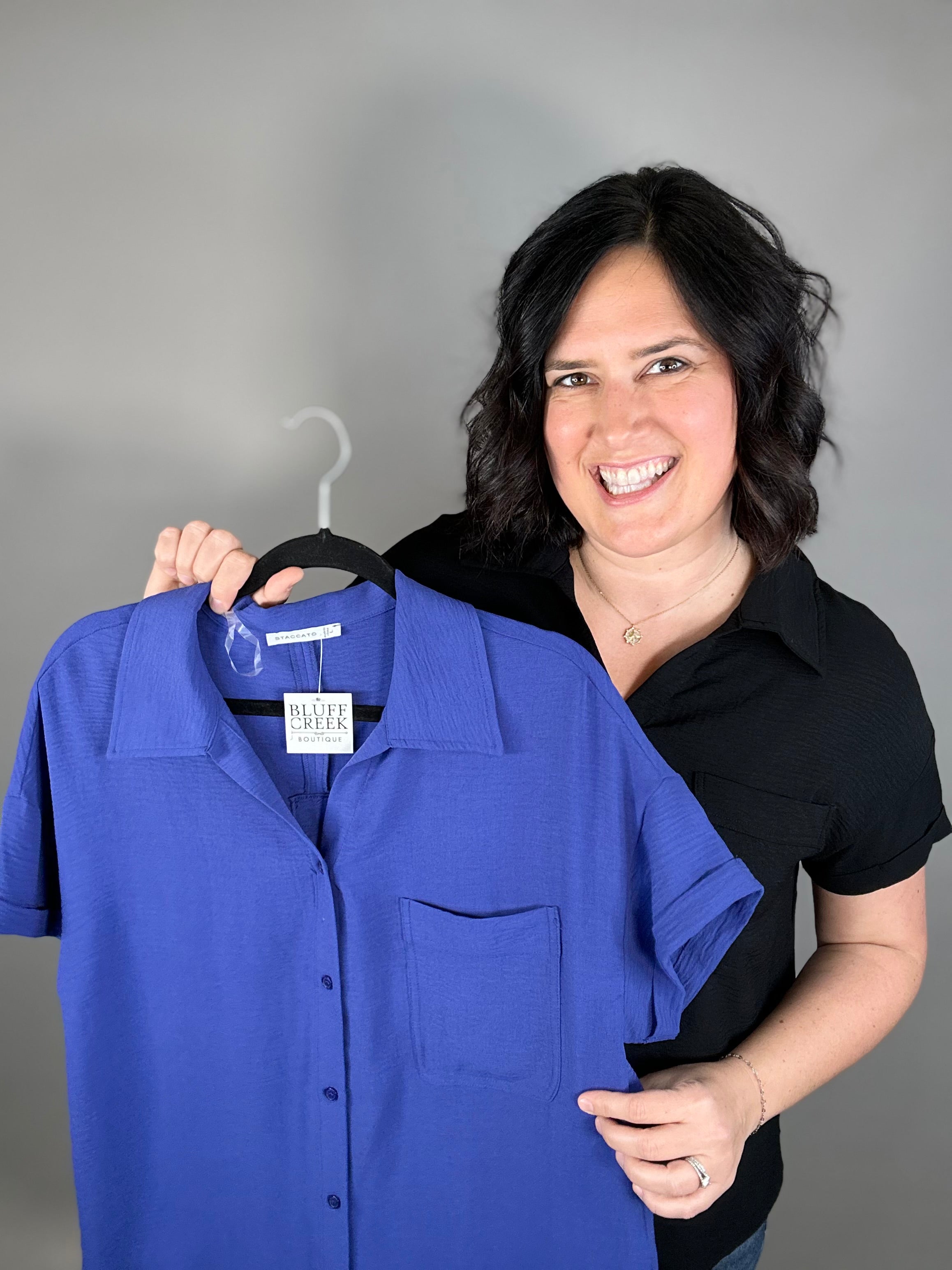 Black Button Front Short Sleeve Tops - Button Ups STACCATO