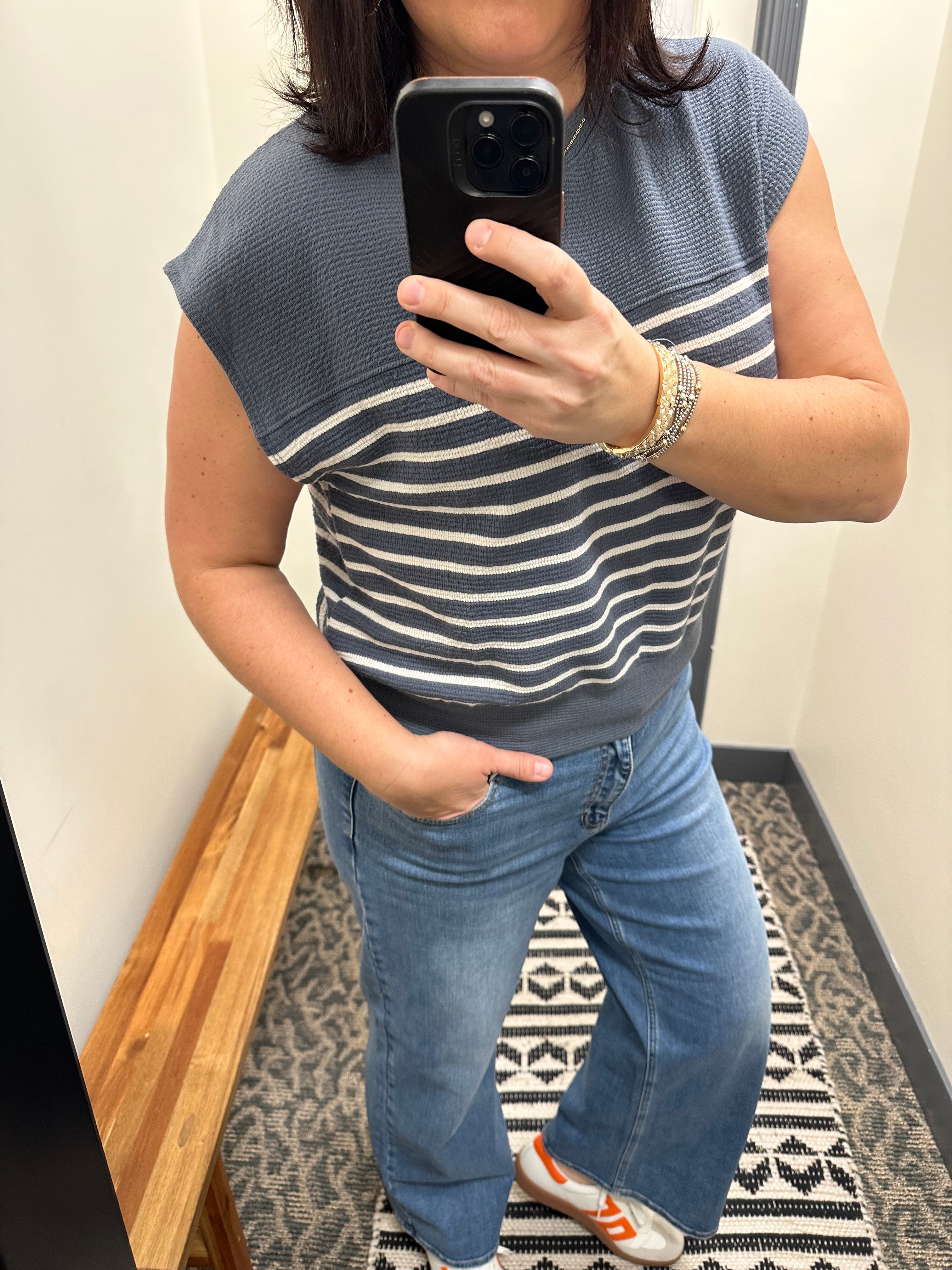 Denim Short Sleeve Cloudy Knit Stripe Top Top - Tee TRES BIEN