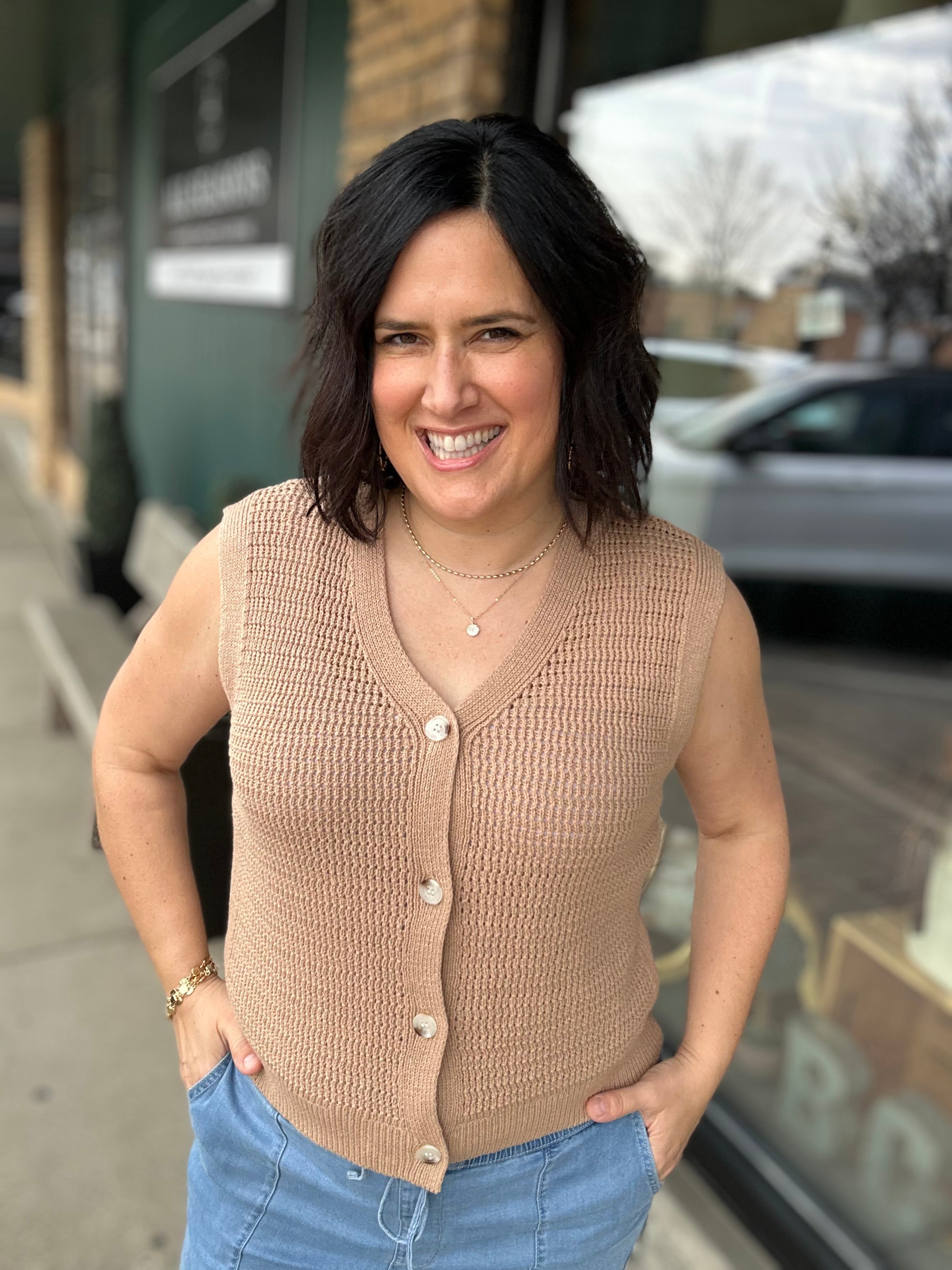 Taupe Crochet Button Up Sleeveless Vest Top - Sweater STACCATO