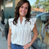 Cream Flutter Sleeve Button Down Top Tops- Blouses THML