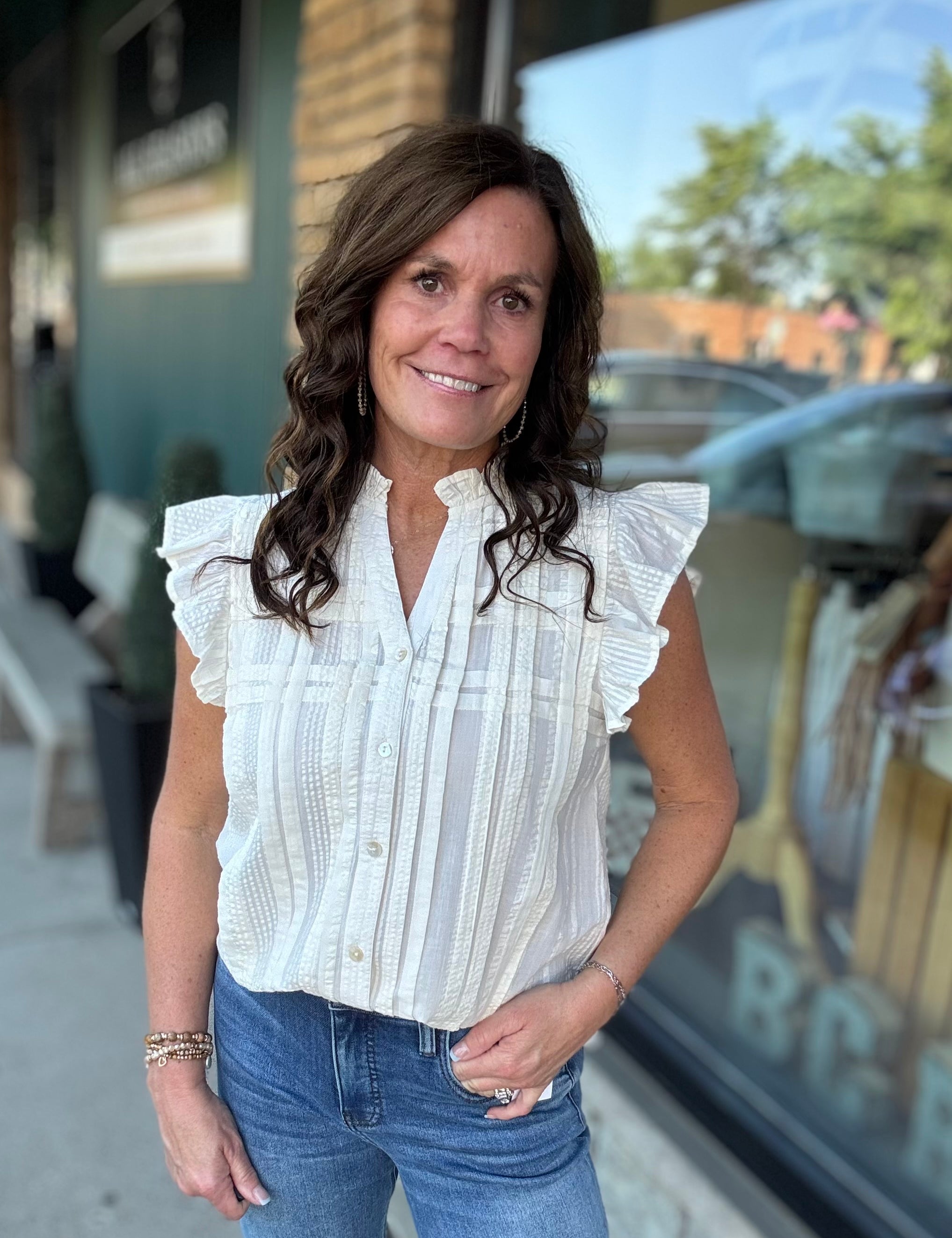 Cream Flutter Sleeve Button Down Top Tops- Blouses THML
