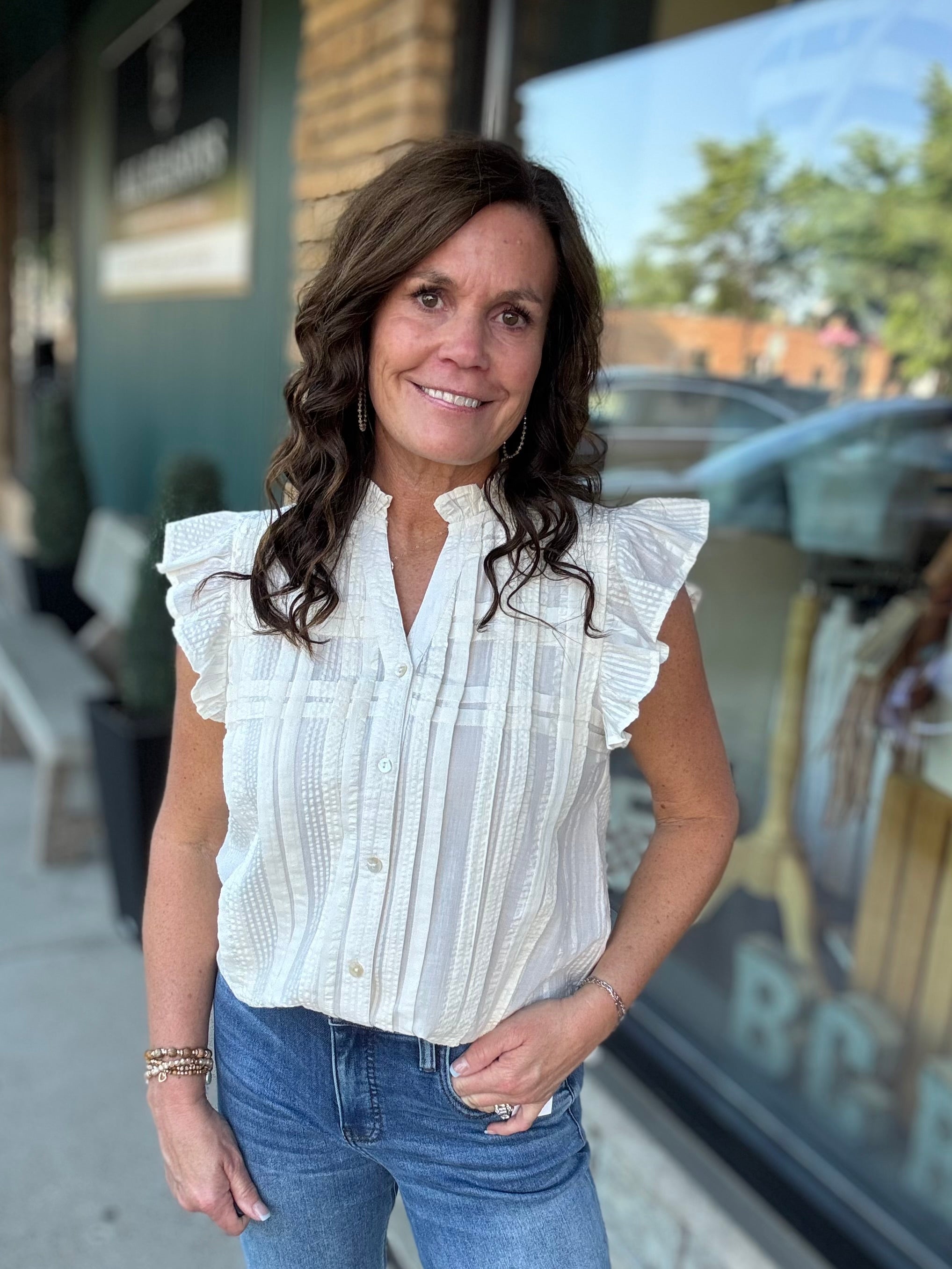 Cream Flutter Sleeve Button Down Top Tops- Blouses THML