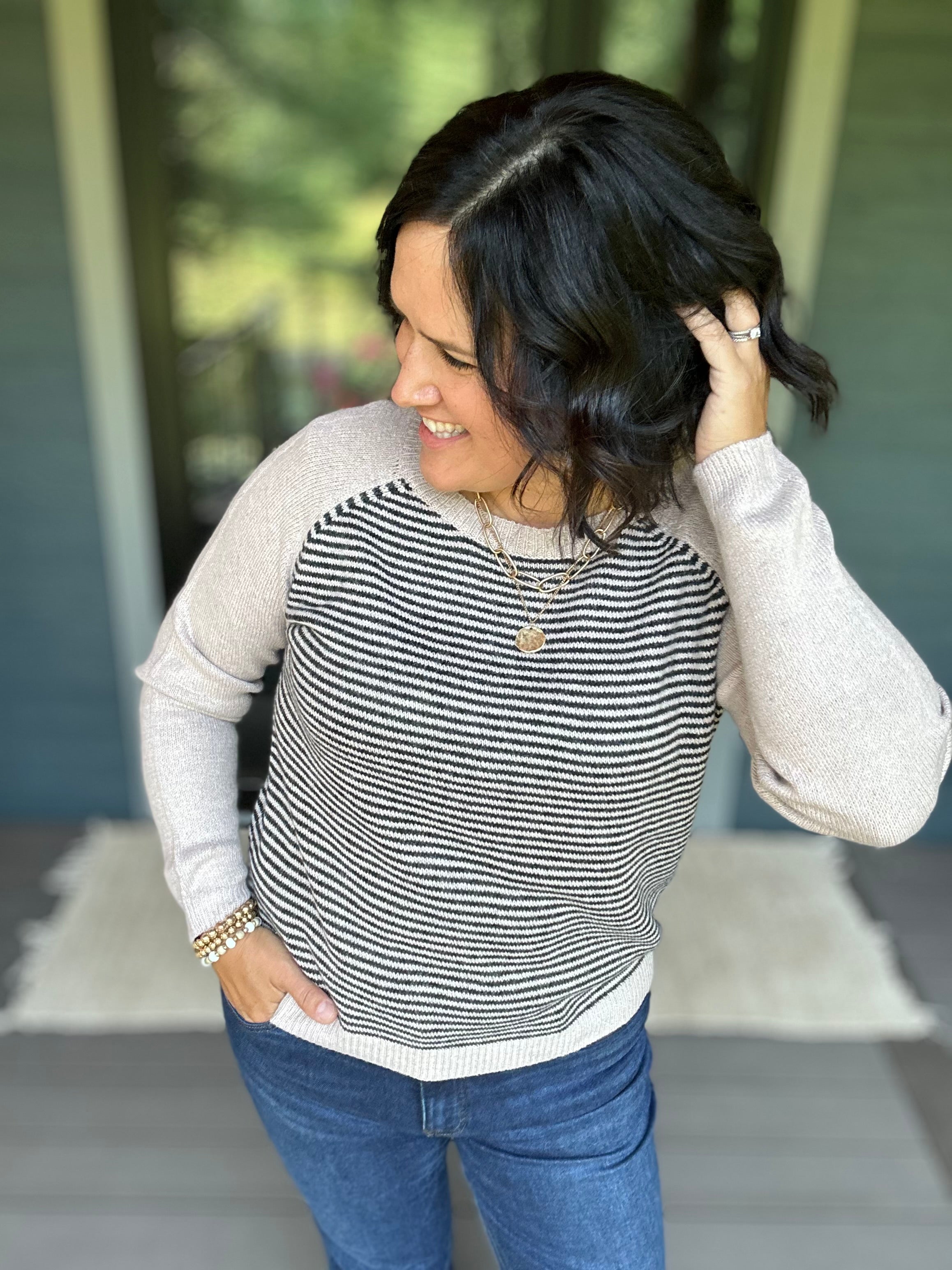 Taupe & Black Stripe Raglan Crew Sweater Top - Sweater STACCATO