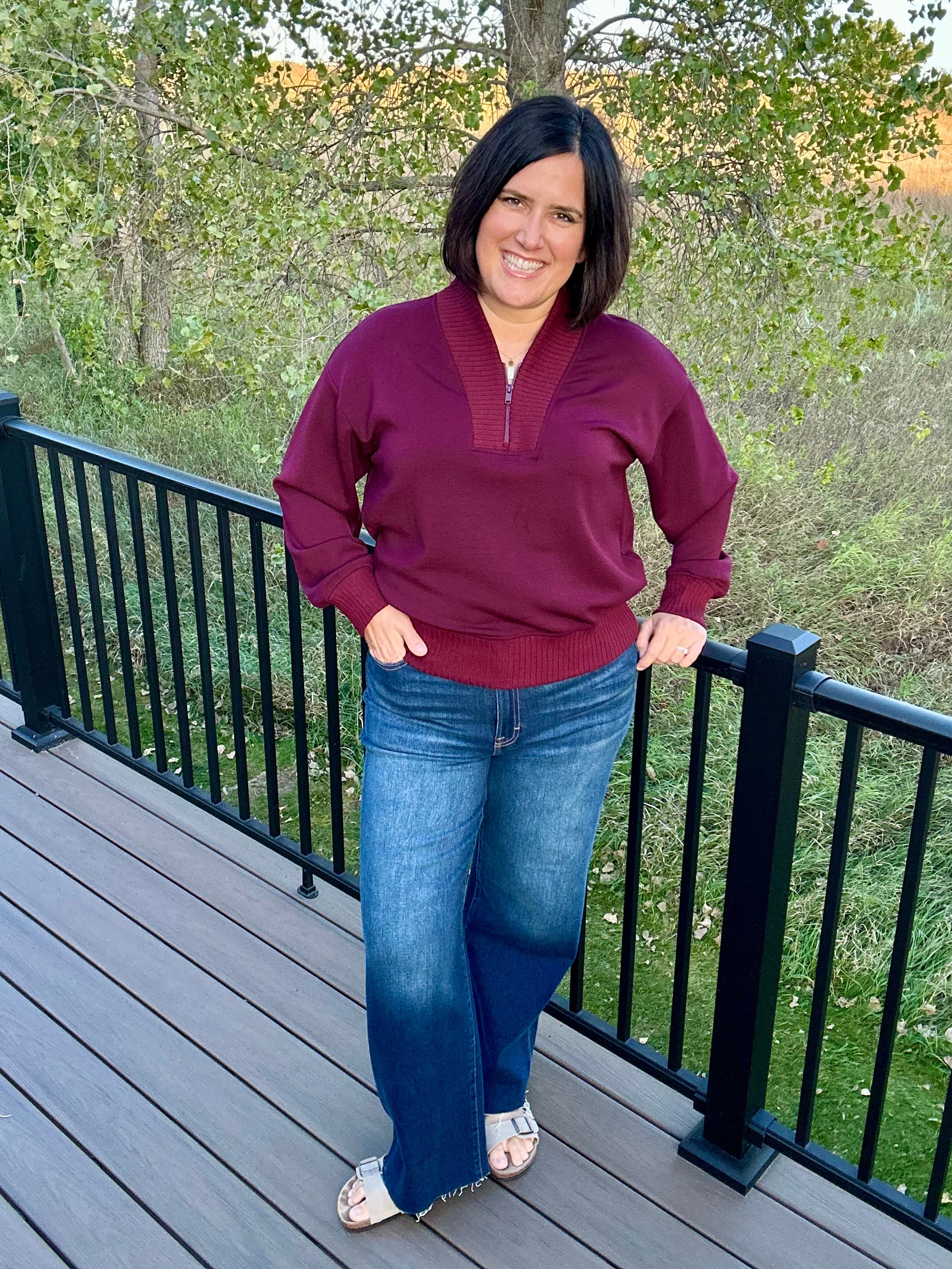 Dark Cherry Quarter Zip Pullover Tops- Sweaters RAE MODE
