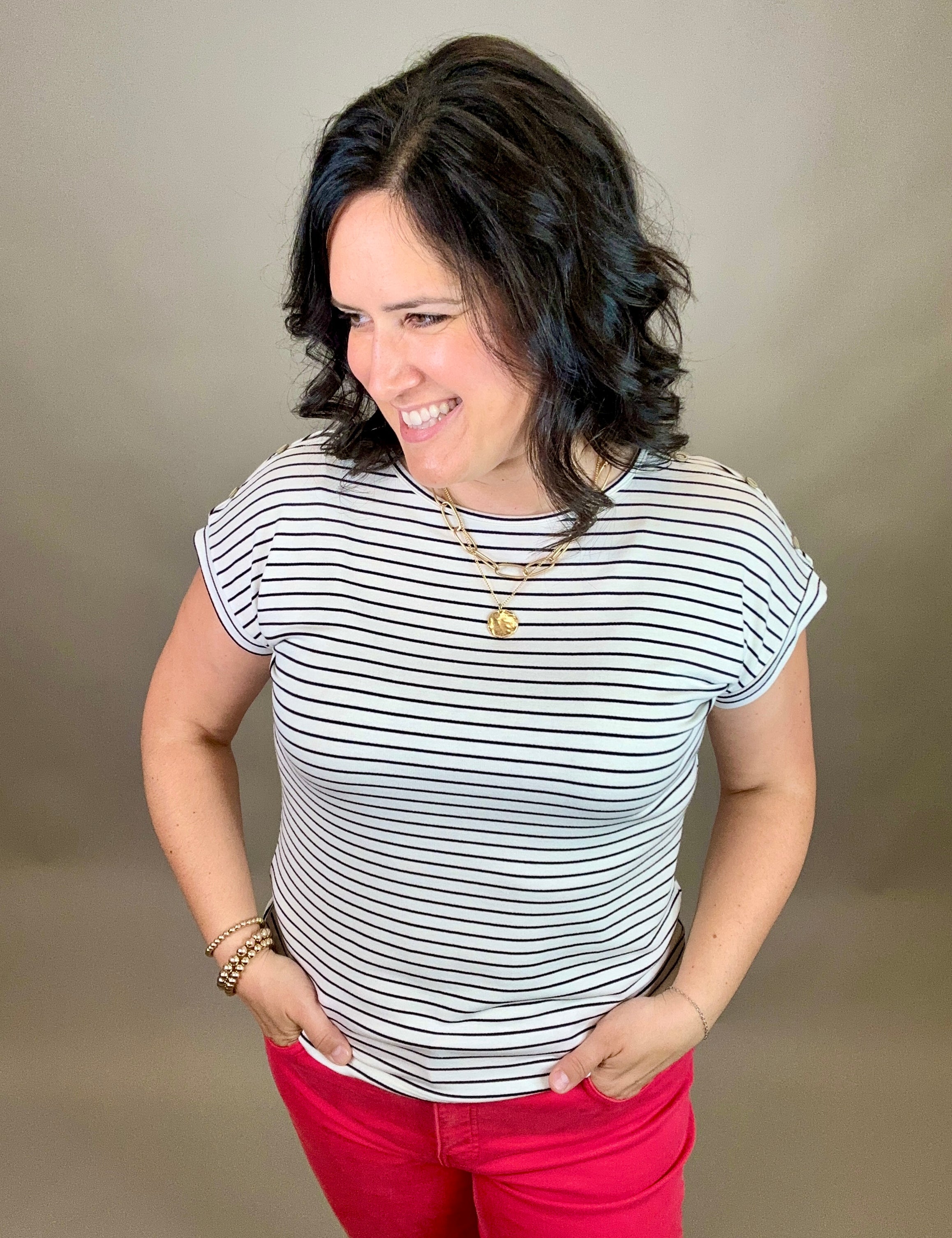 Ivory Stripe Button Shoulder Terry Tee Top - Tee STACCATO