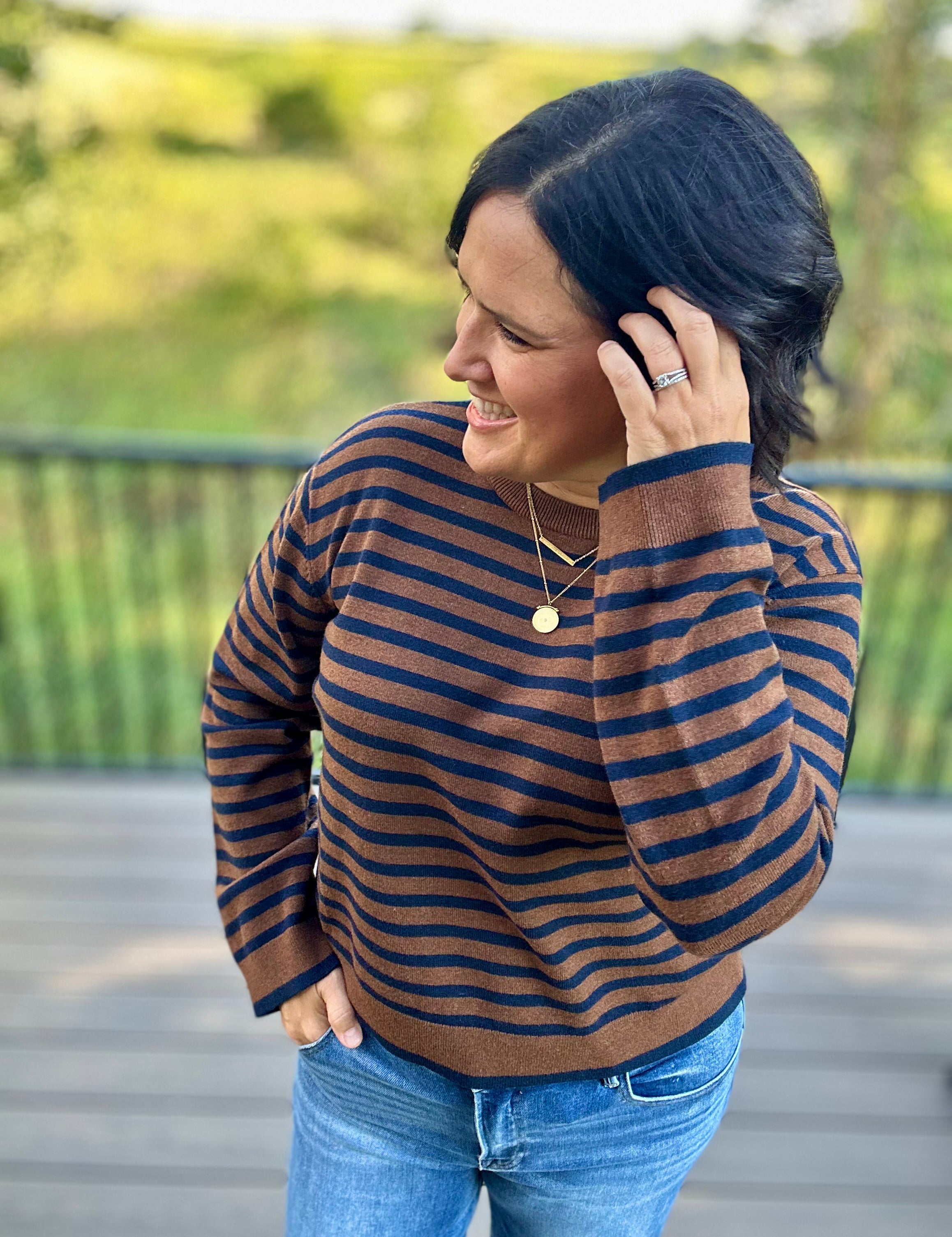 Navy & Brown Stripe Sweater Top - Sweater Mod Ref
