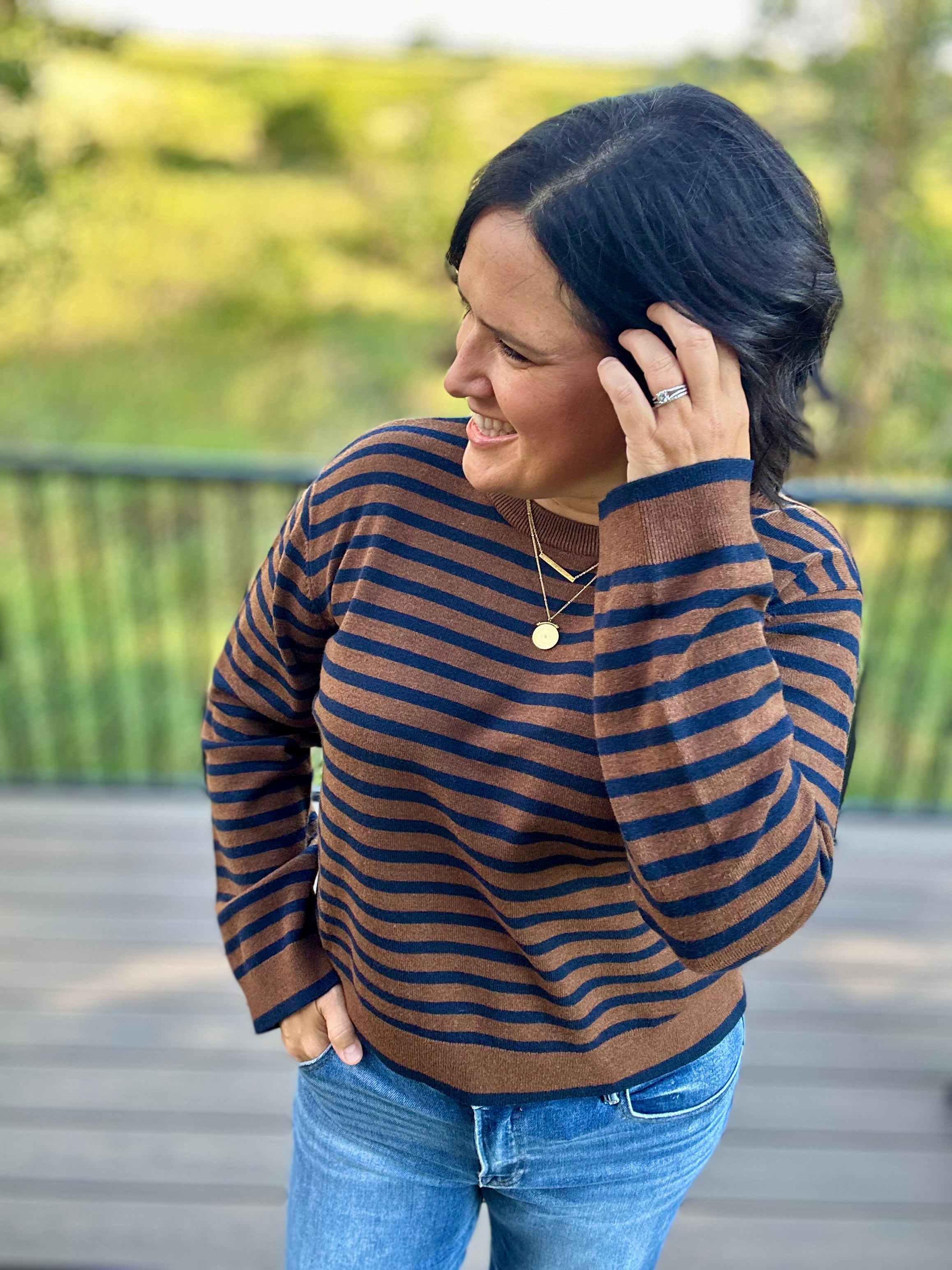 Navy & Brown Stripe Sweater Top - Sweater Mod Ref