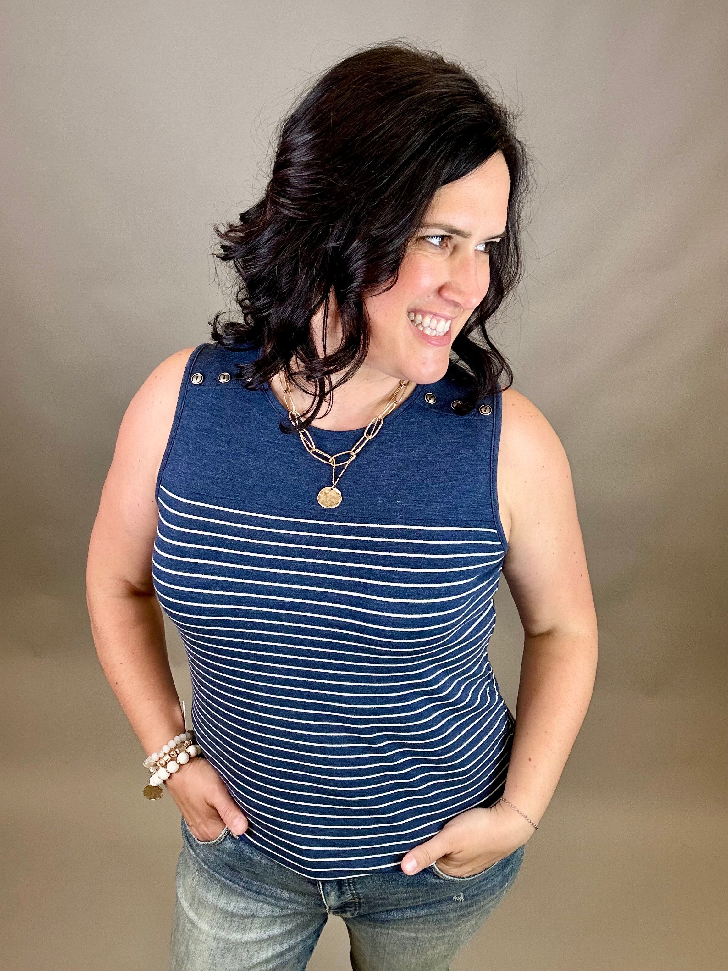 Navy Button Shoulder Sleeveless Tee Tops- Tanks STACCATO