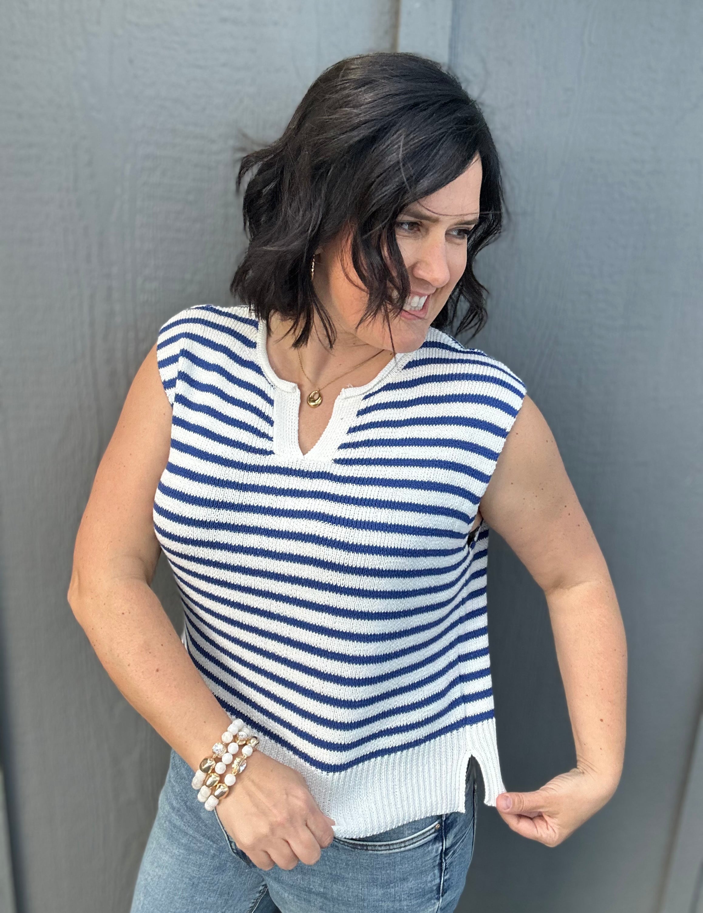 Ivory & Blue Split Neck Sweater Top - Sweater STACCATO