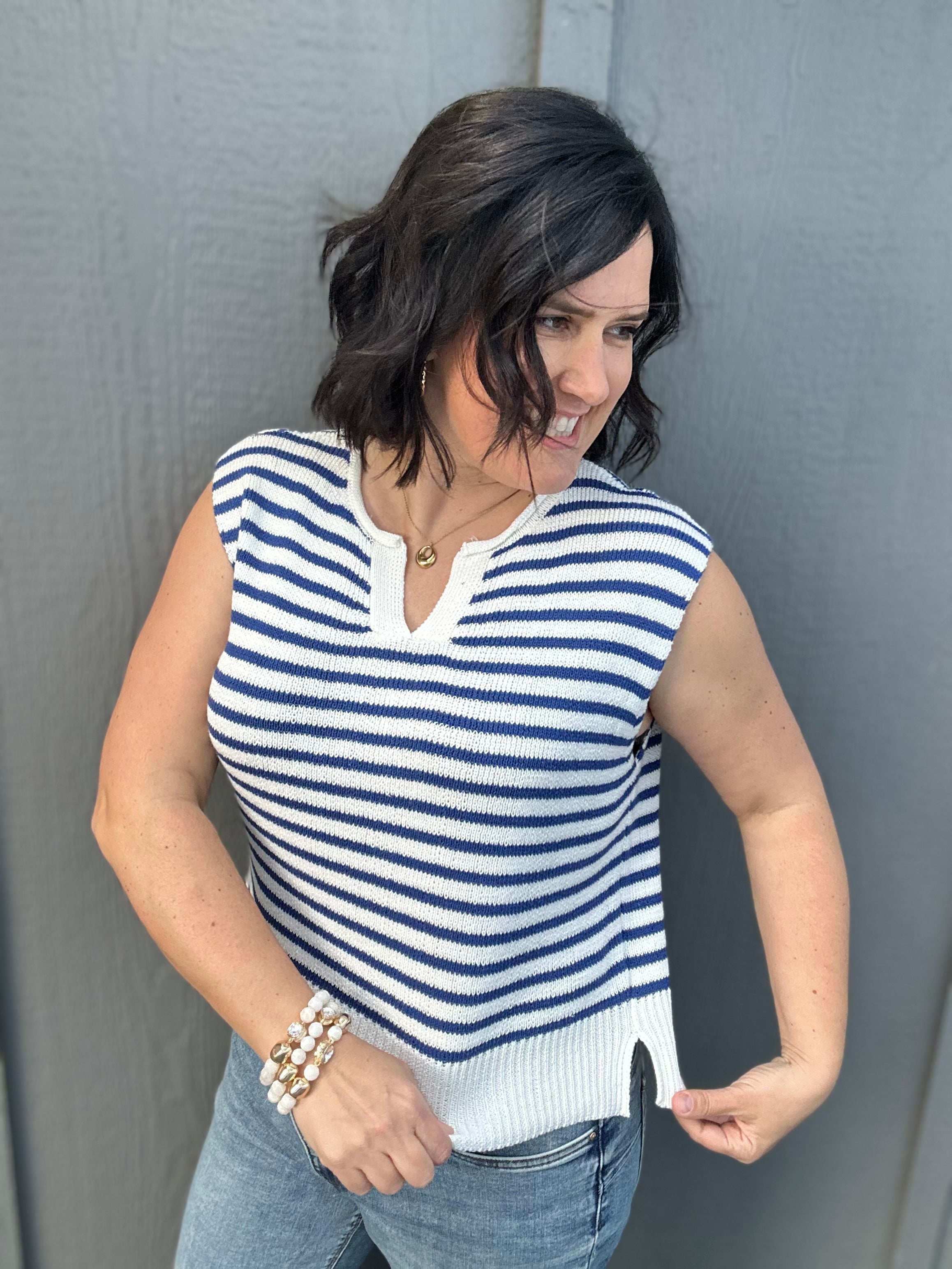 Ivory & Blue Split Neck Sweater Top - Sweater STACCATO