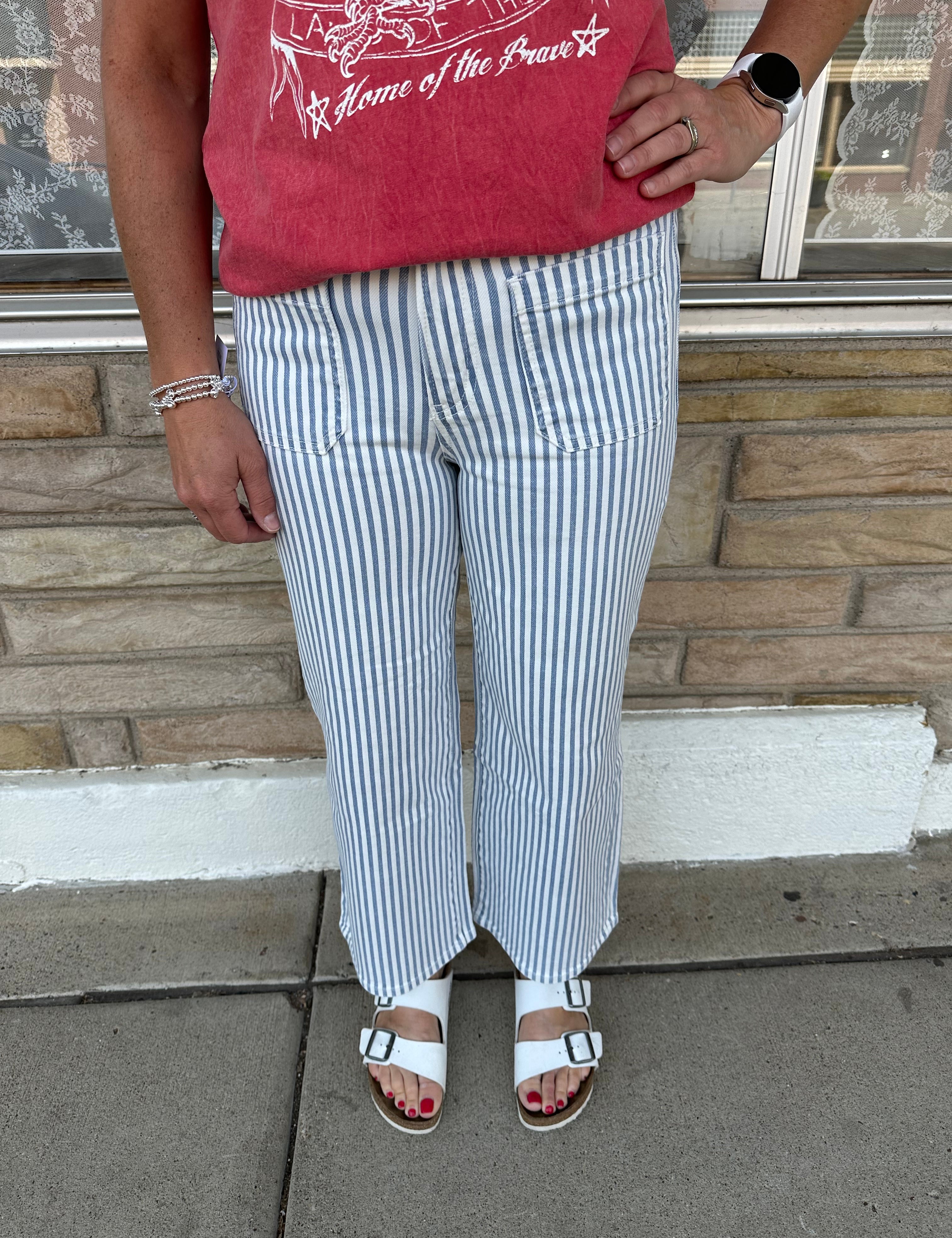 Curious Wide Leg Cropped Stripe Jean Bottom- Pants MICA DENIM