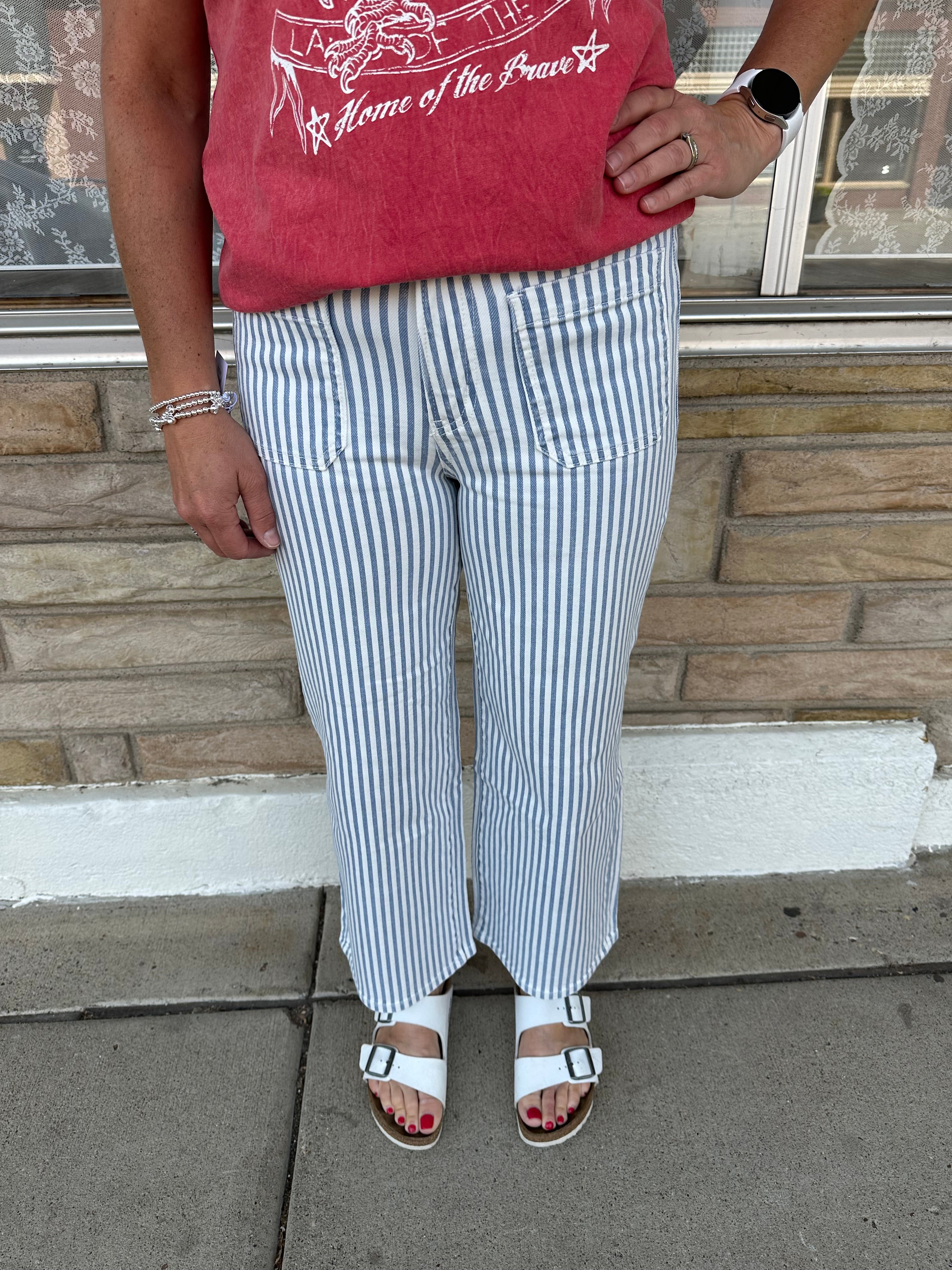Curious Wide Leg Cropped Stripe Jean Bottom- Pants MICA DENIM