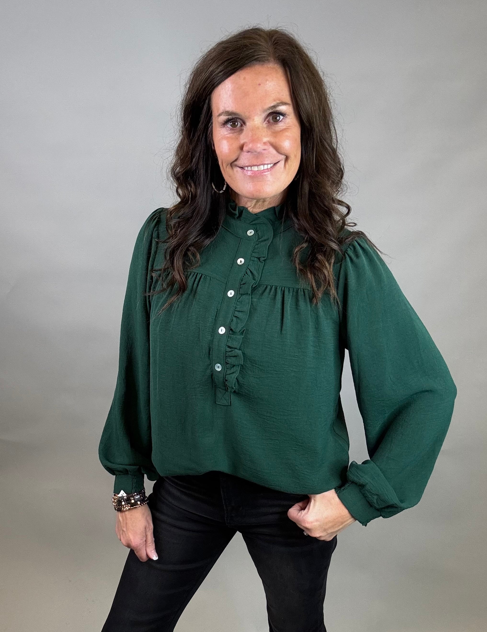Hunter Green Ruffle Blouse Tops- Blouses JODIFL