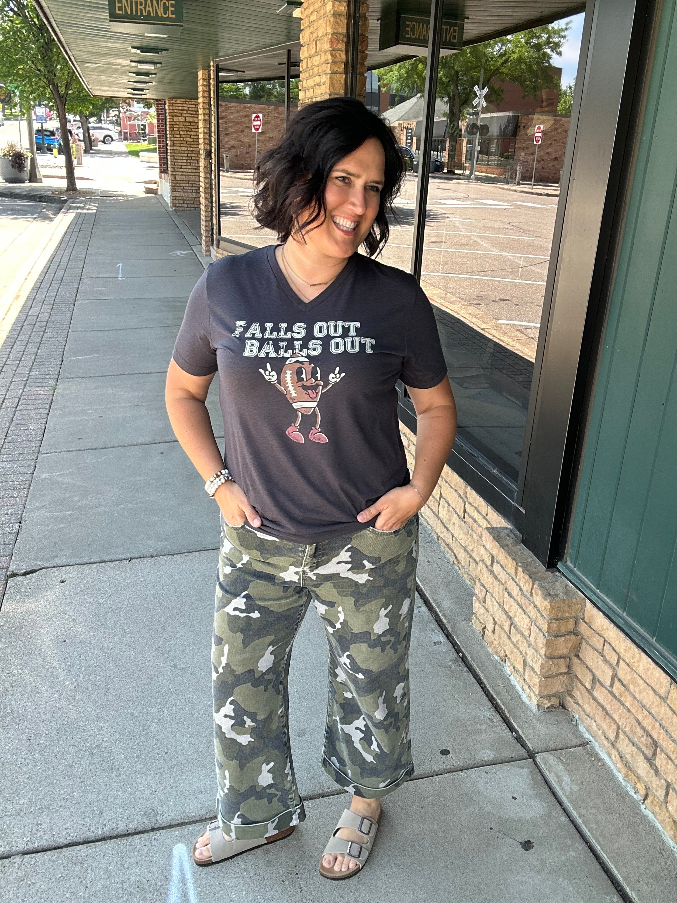 Falls Out Balls Out Football V-Neck Tops- Tees MUGSBY