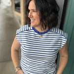 Blue/White Striped Top Piping Detail Top - Tee STACCATO