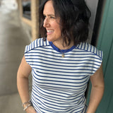 Blue/White Striped Top Piping Detail Top - Tee STACCATO