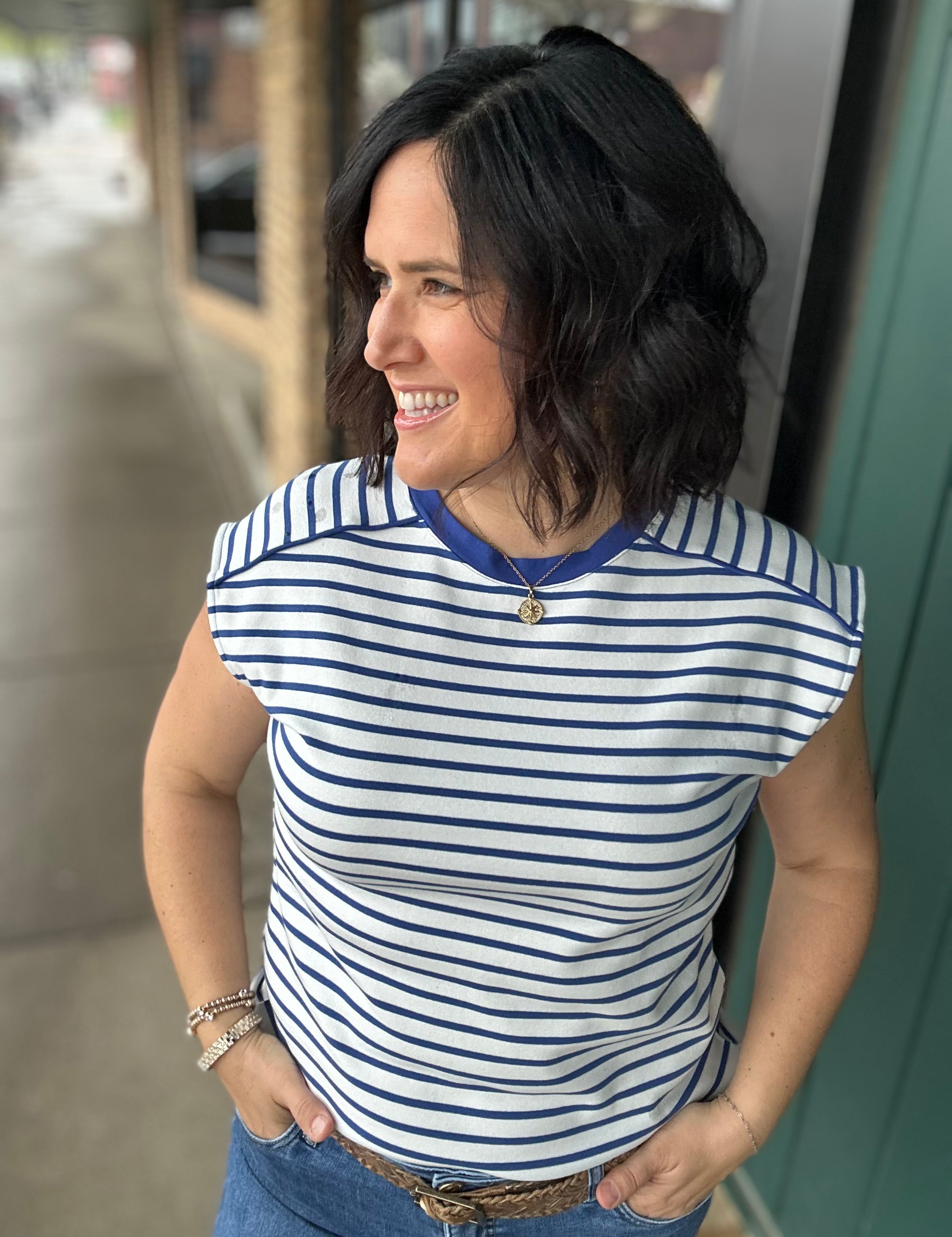 Blue/White Striped Top Piping Detail Top - Tee STACCATO
