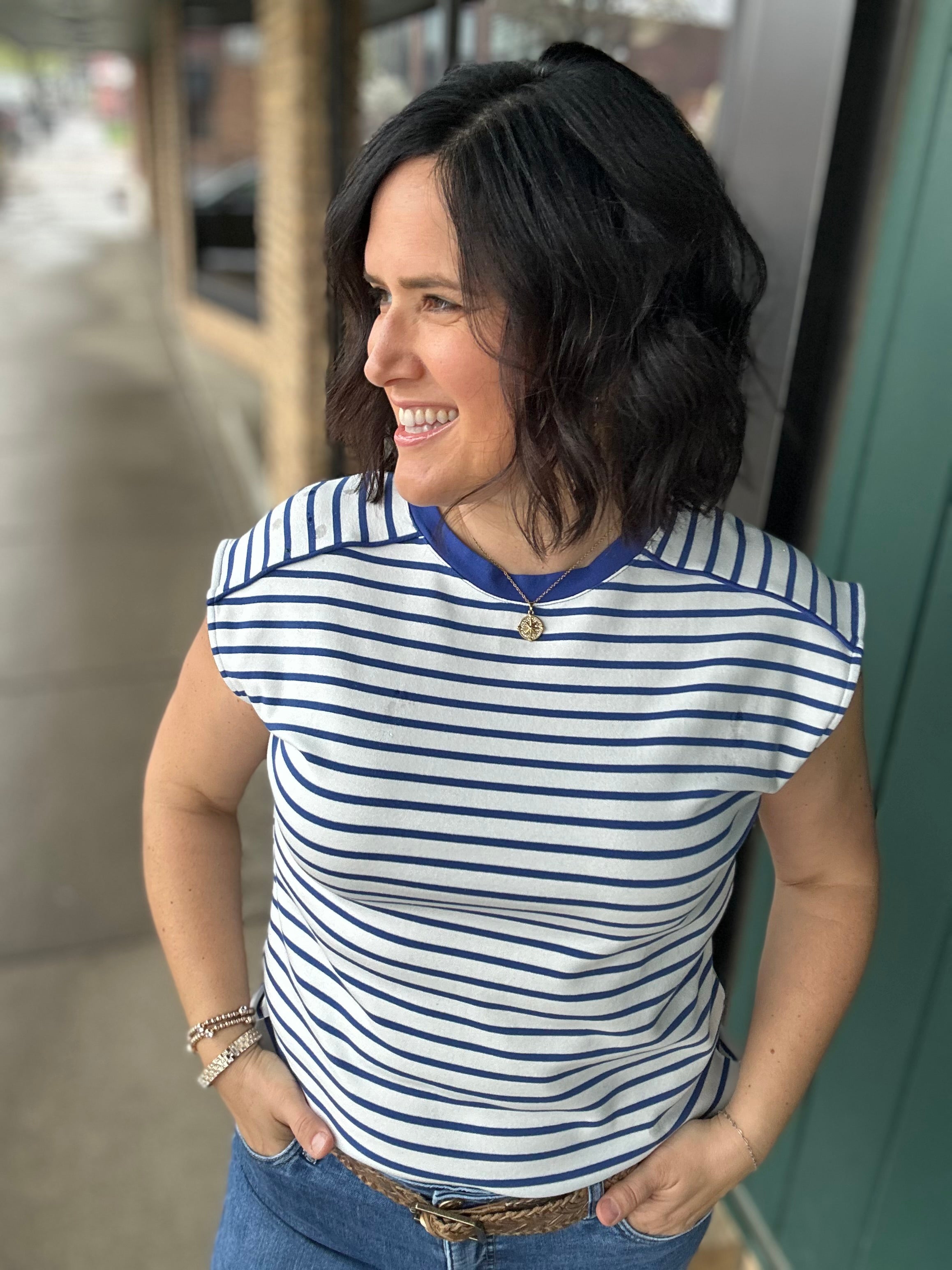 Blue/White Striped Top Piping Detail Top - Tee STACCATO