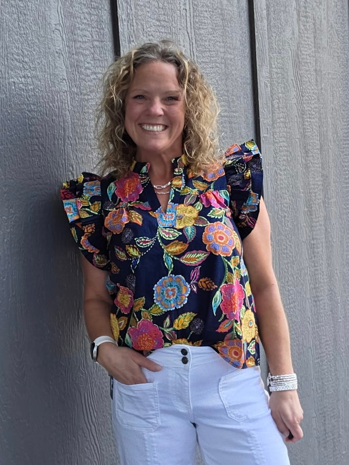 Ruffle Sleeve Floral Top Tops- Blouses THML