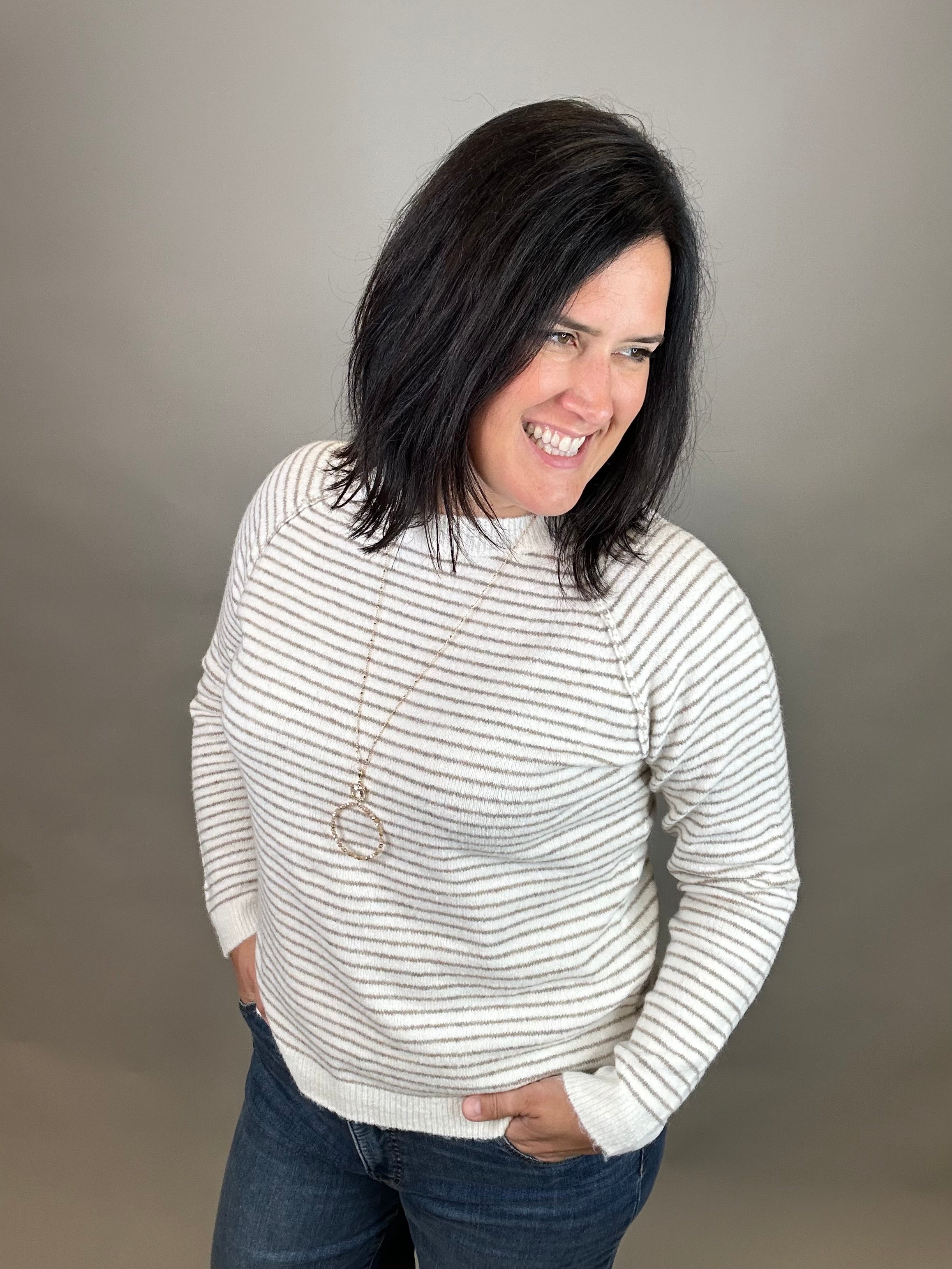 Taupe Striped Raglan Sweater Top - Sweater STACCATO