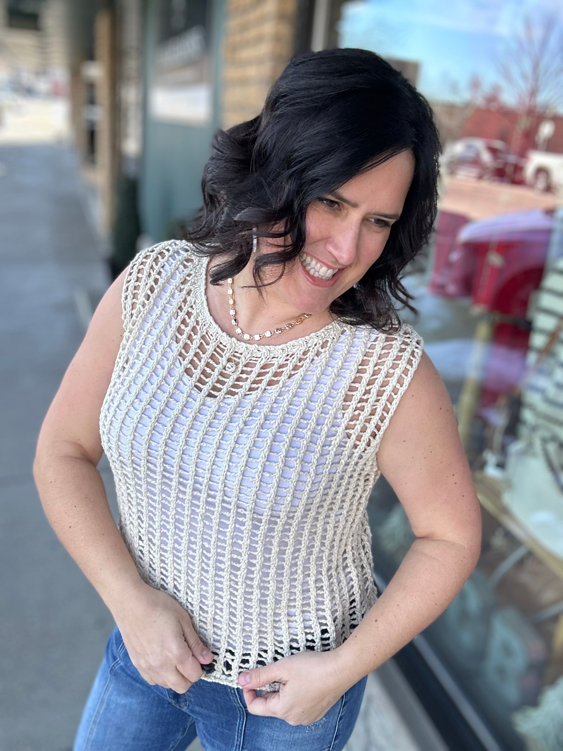 Sand Chunky Open Stitch Sweater Vest Top - Sweater DOE & RAE